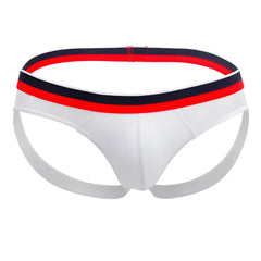 White athletic briefs doreanse 1212-wht metro jock with red and navy blue striped waistband front view