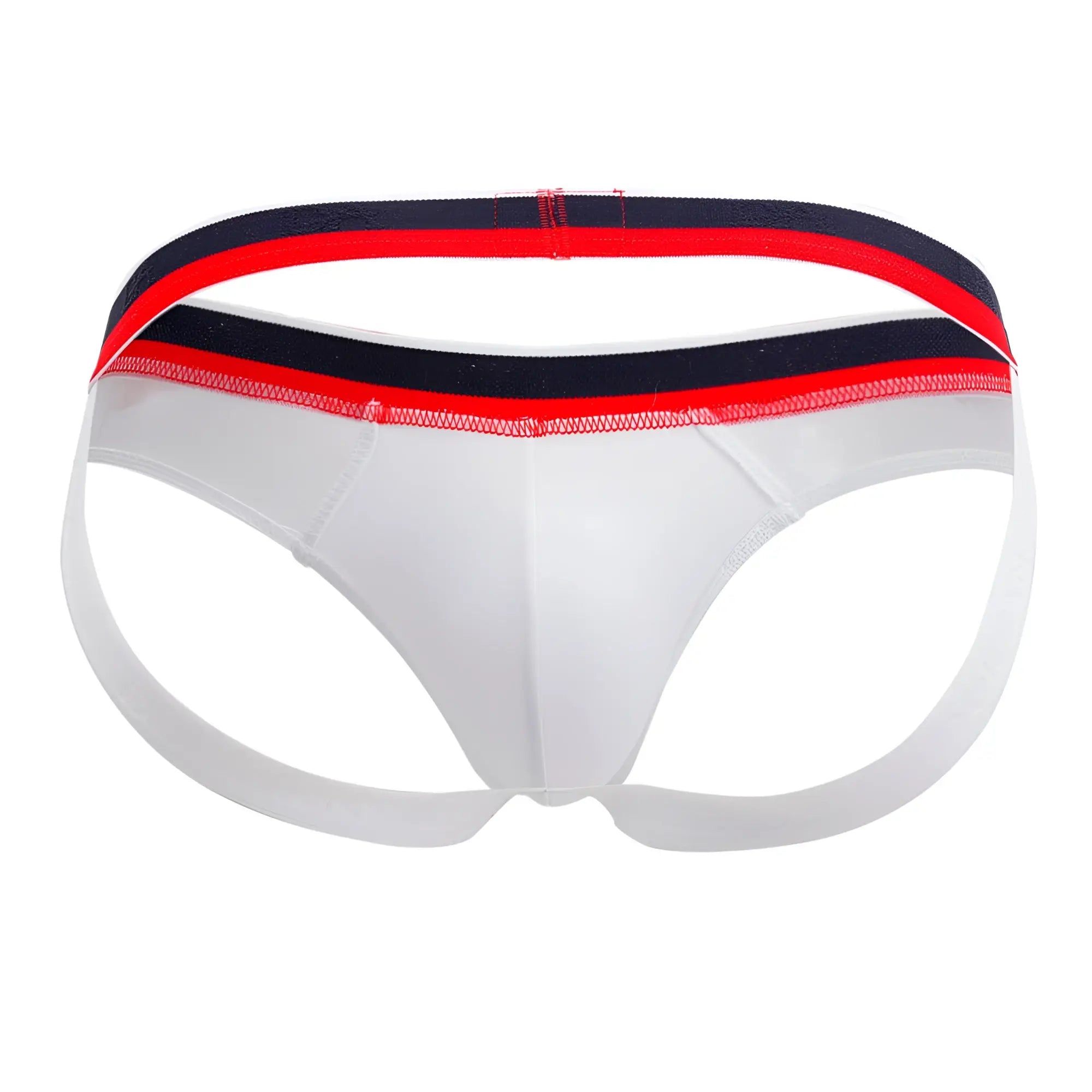 White athletic briefs doreanse 1212-wht metro jock with red and navy blue striped waistband front view
