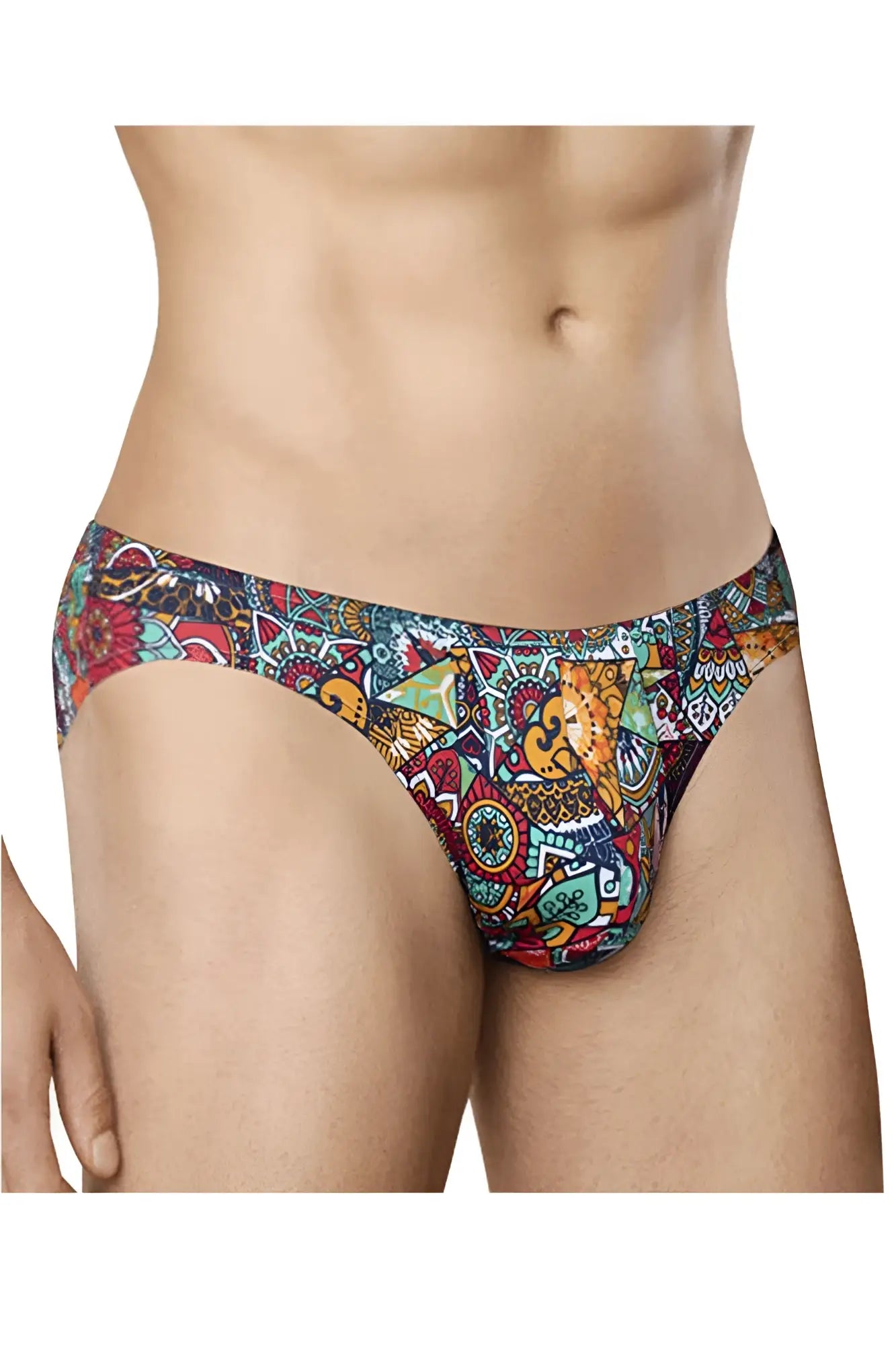 Doreanse 1217-prn groovy bikini color printed men’s briefs with vibrant red teal orange and navy tribal geometric pattern