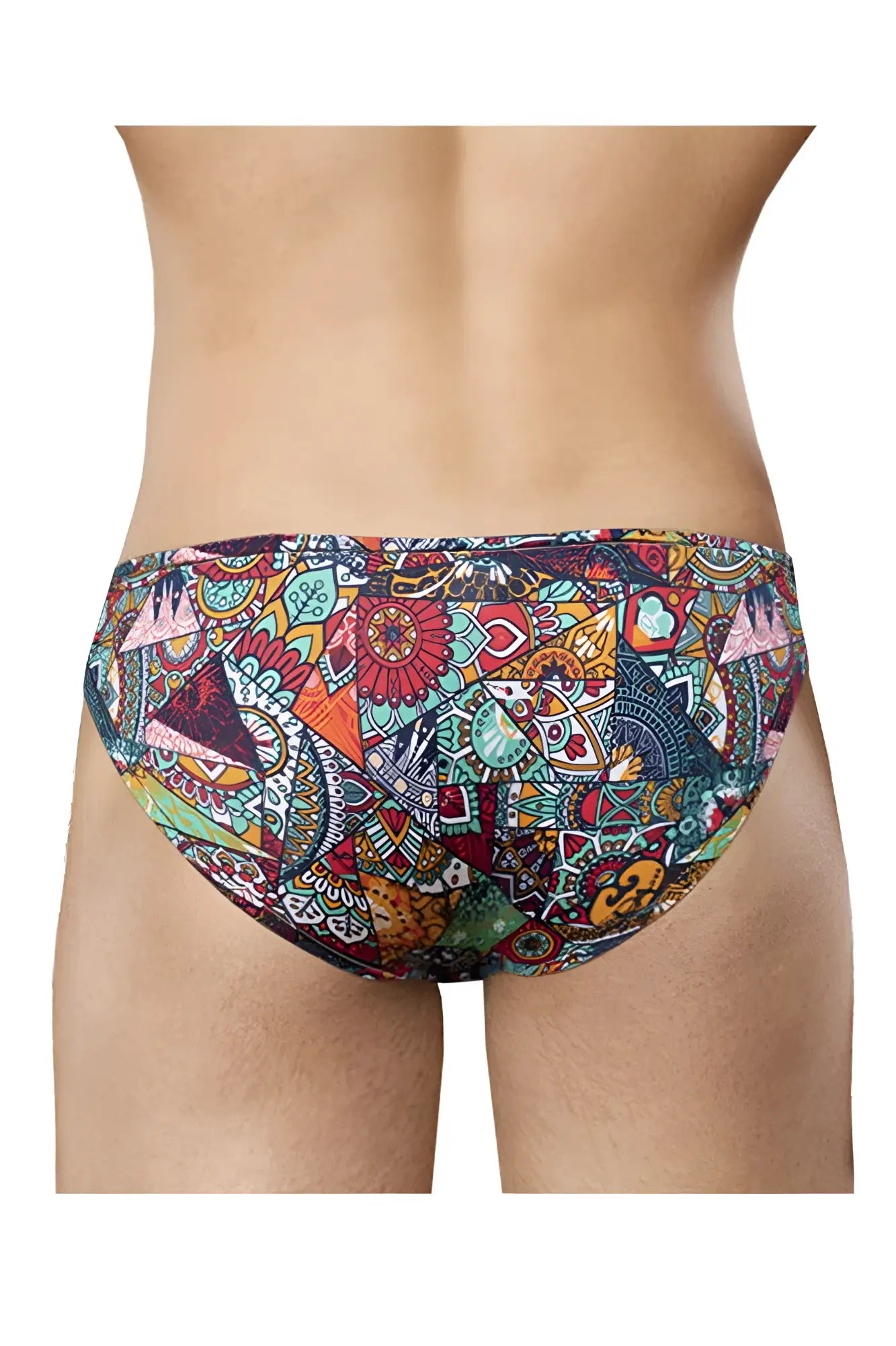 Doreanse 1217-PRN groovy bikini color printed men’s swim trunks with vibrant teal orange and purple mosaic patterns