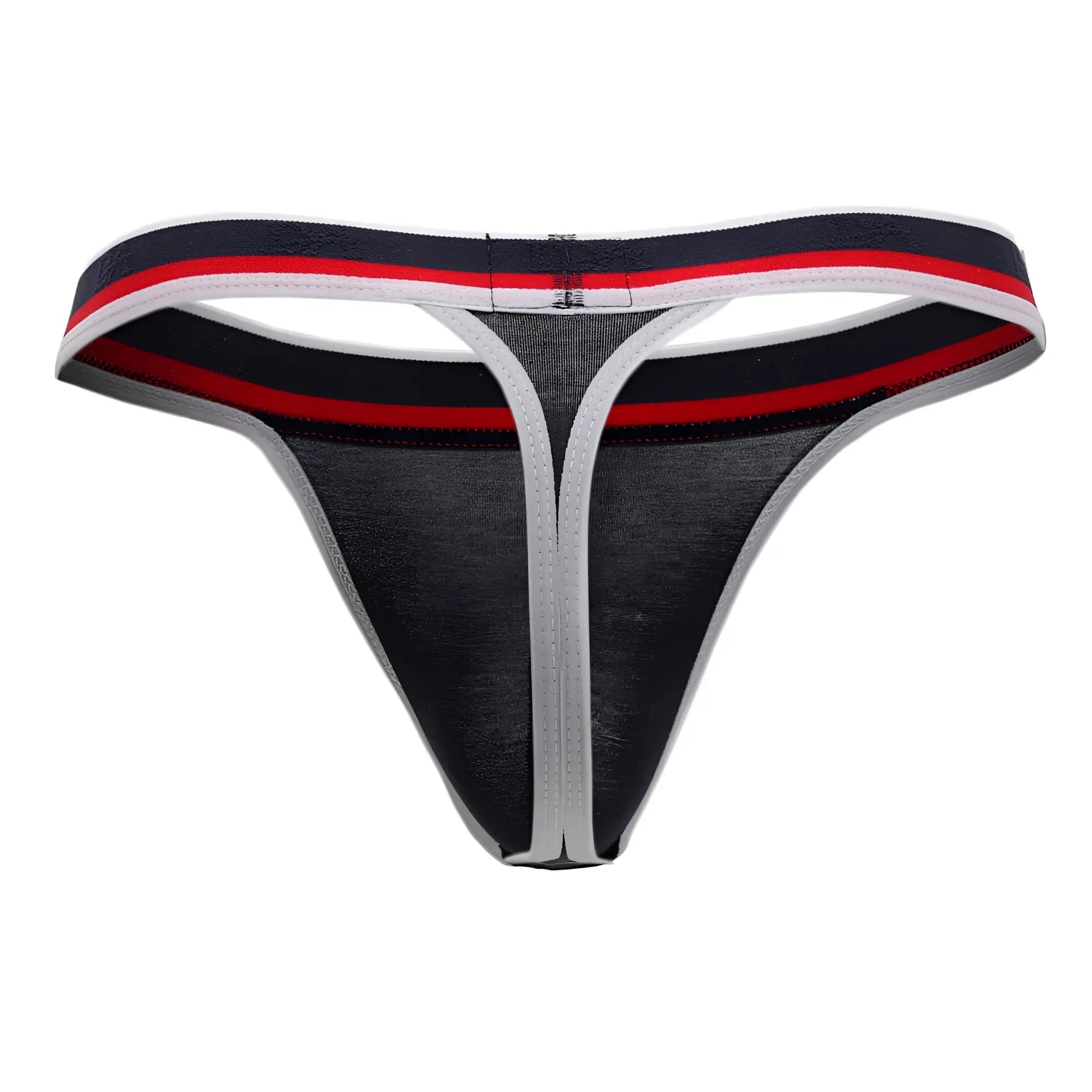Doreanse 1218-NVY metro thong in black and gray with red white and navy striped waistband front view