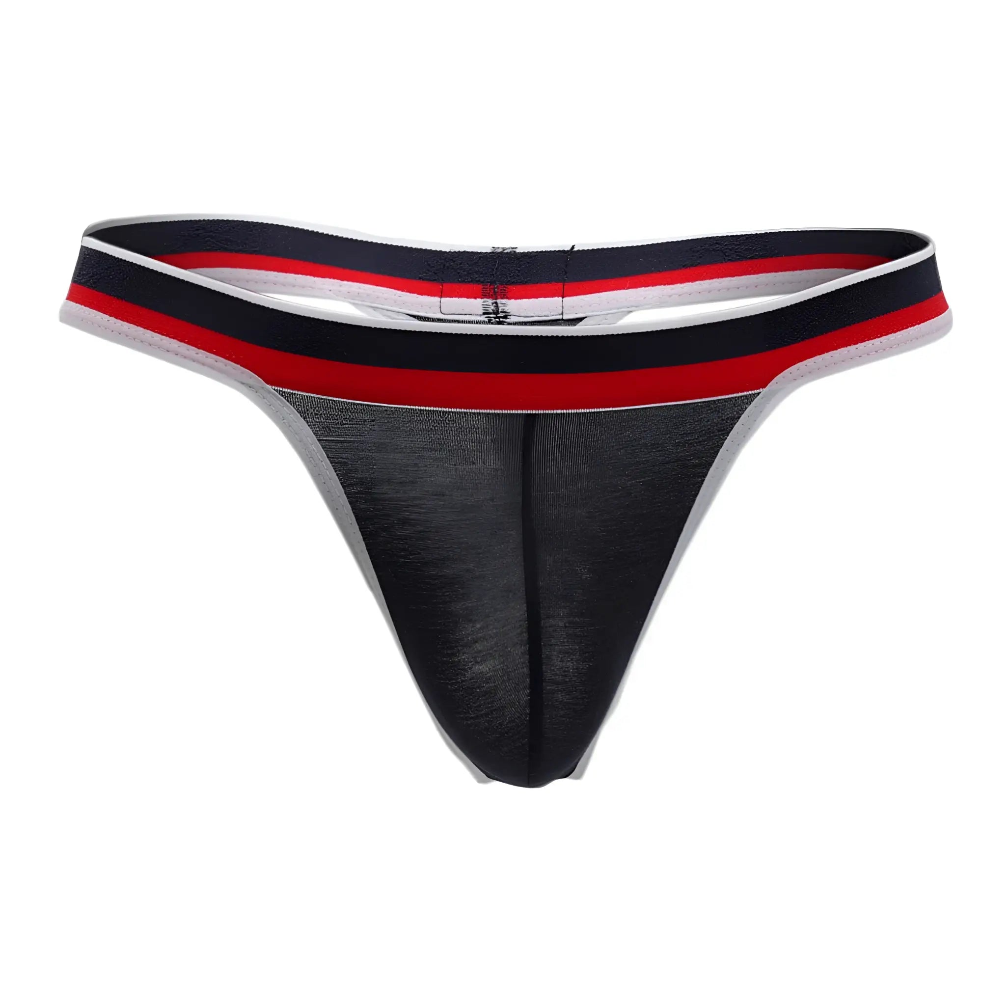 Black mesh metro thong with navy blue red and white striped waistband by Doreanse model 1218-NVY