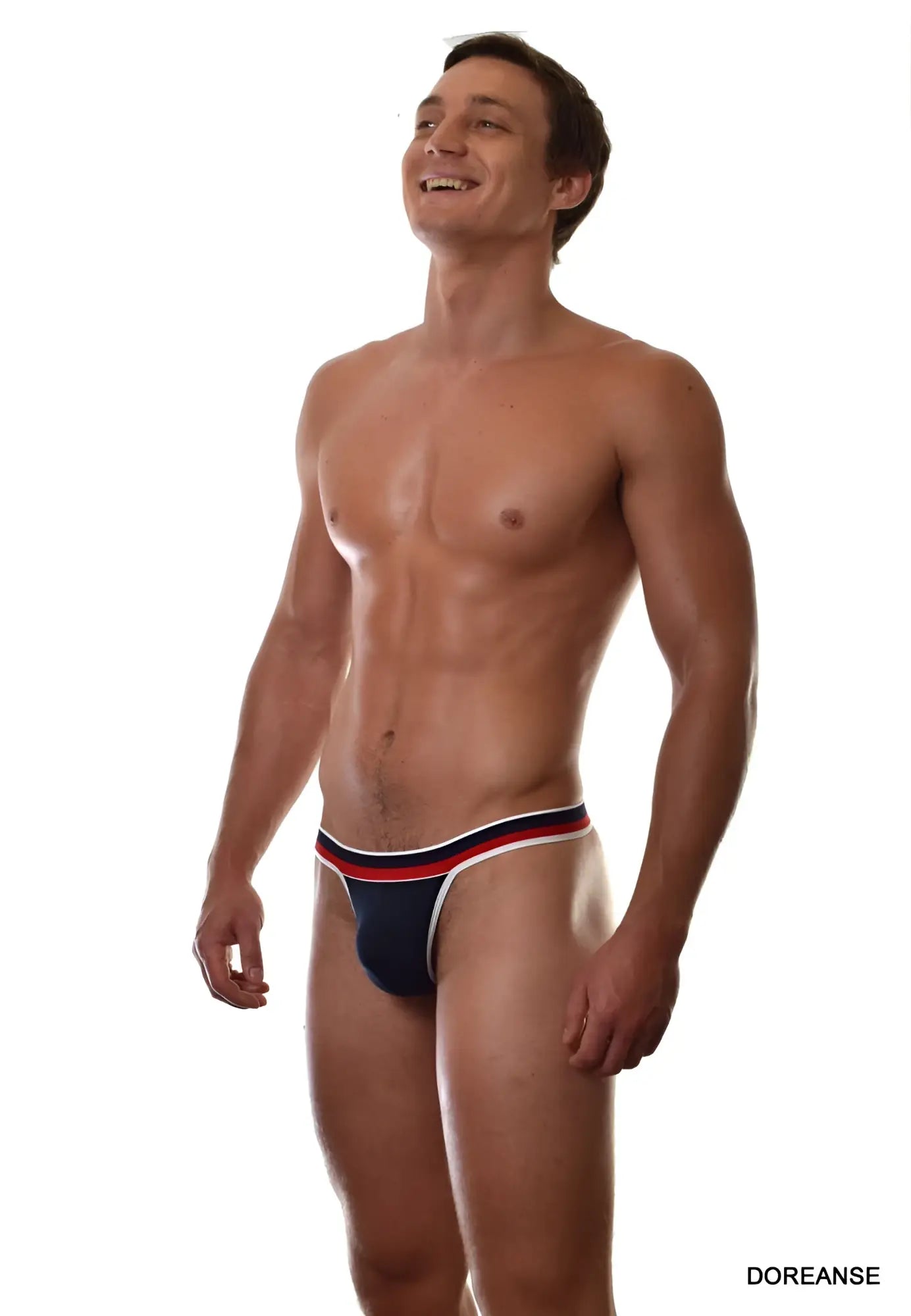 Navy blue Doreanse 1218-NVY Metro thong briefs with red and white striped trim in comfortable cotton blend