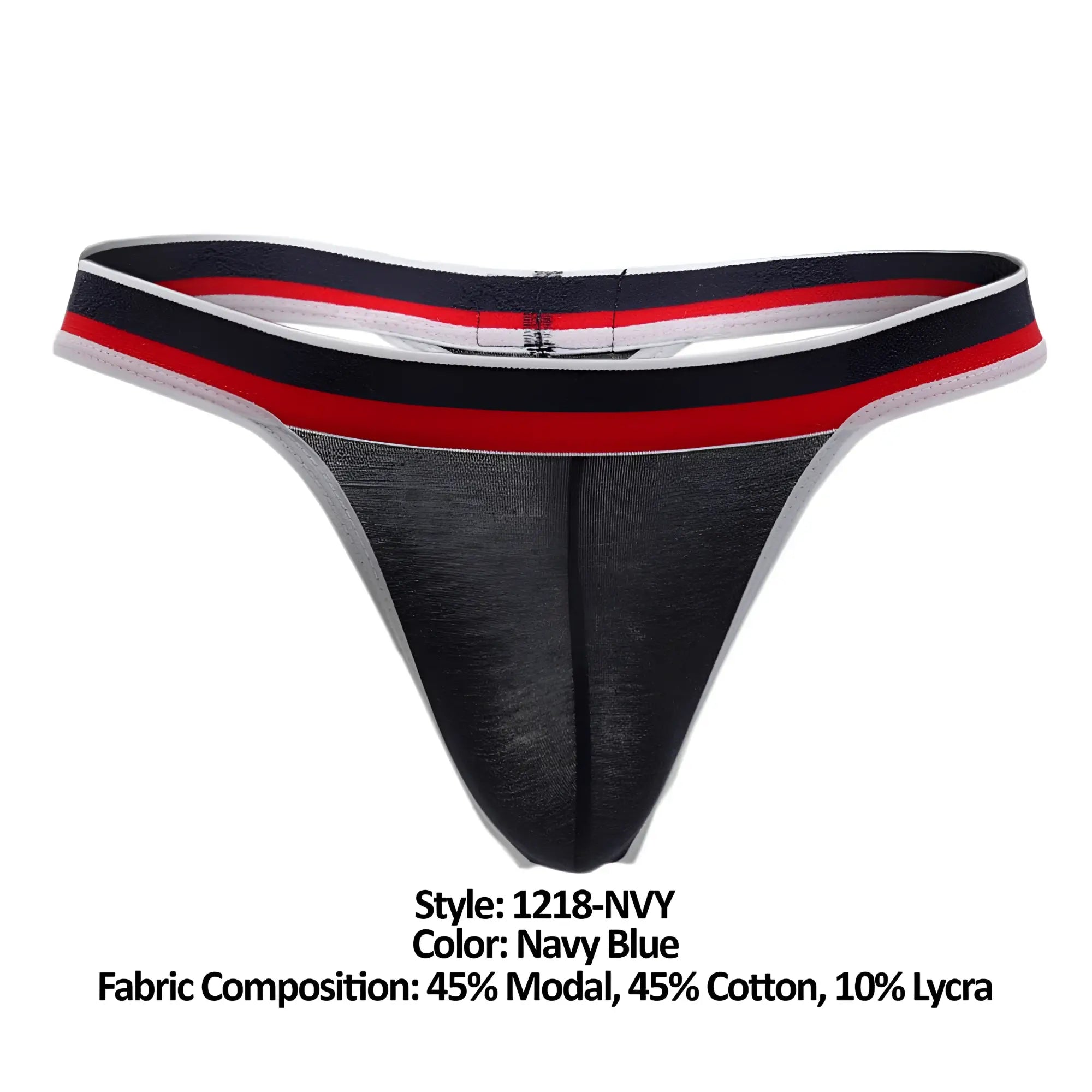 Navy blue Doreanse 1218-NVY Metro thong with striped black red and white waistband showing front side view