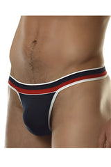 Navy blue Doreanse 1218-NVY Metro thong with a white red and dark blue striped waistband shown from the back