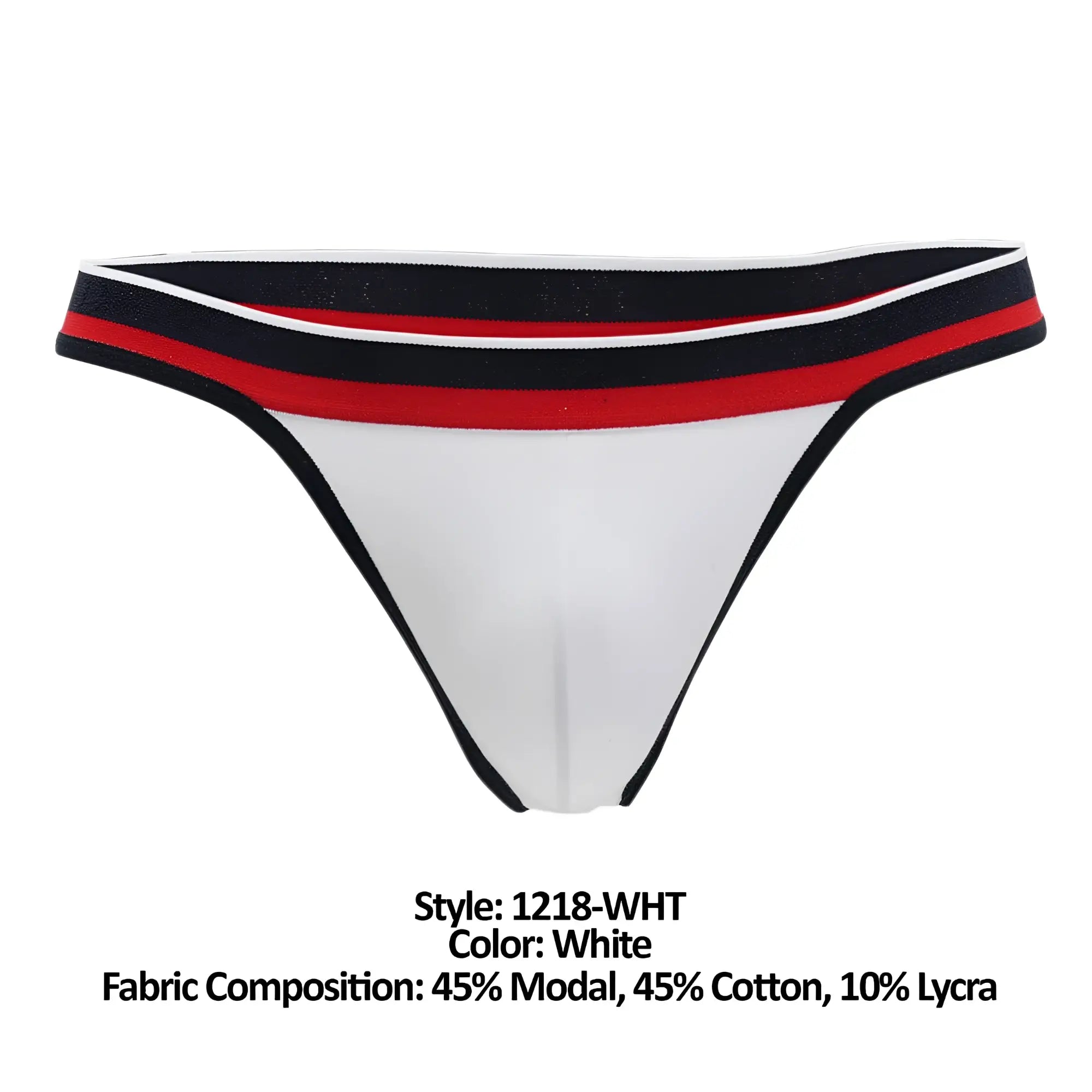 Doreanse 1218-WHT metro thong white with black white and red striped waistband made of modal cotton and lycra