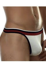 White Doreanse 1218-WHT Metro thong with navy blue and red striped waistband front view in cotton fabric