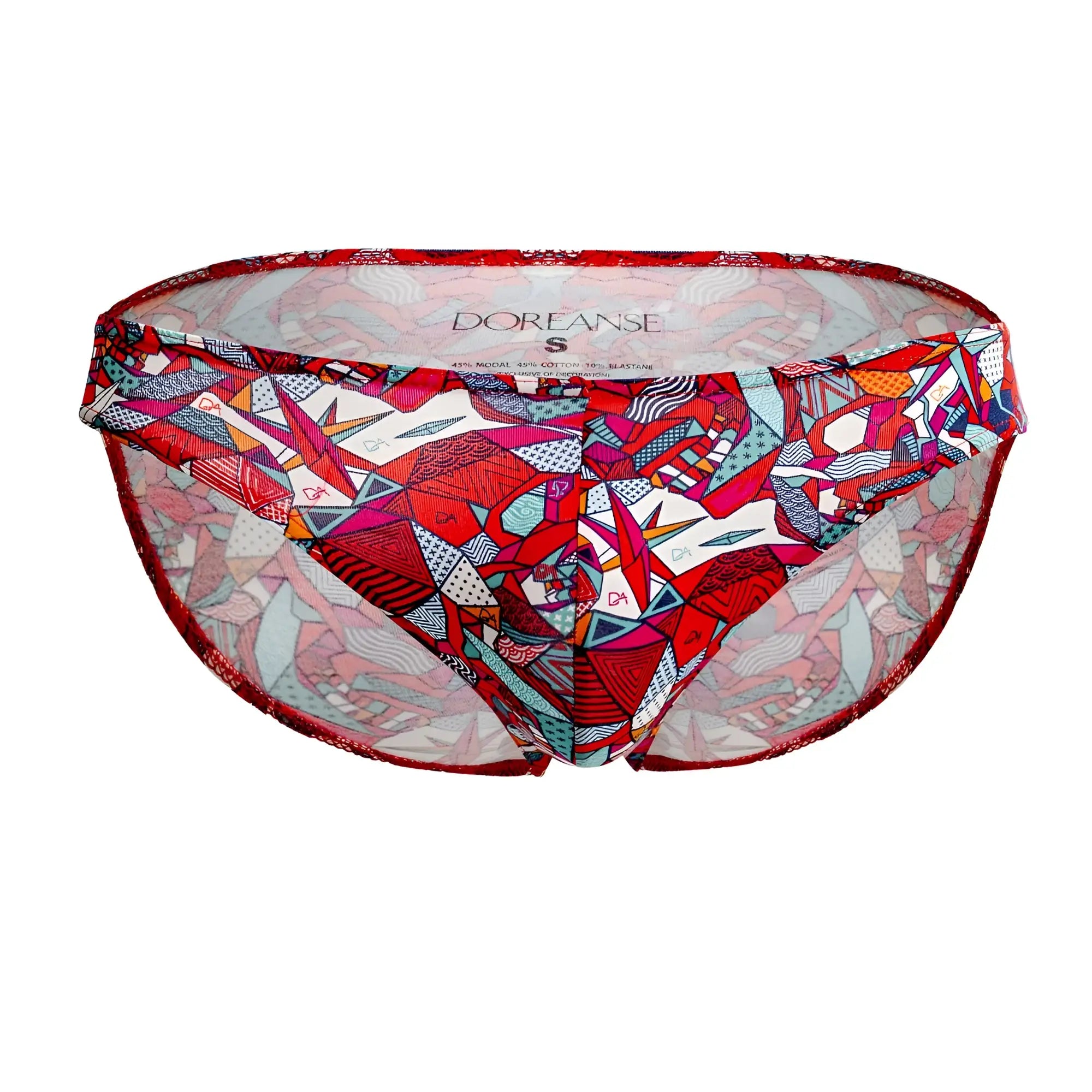 Doreanse 1243-prn pop art bikini bottom in red pink teal white geometric pattern on sheer mesh with lace trim