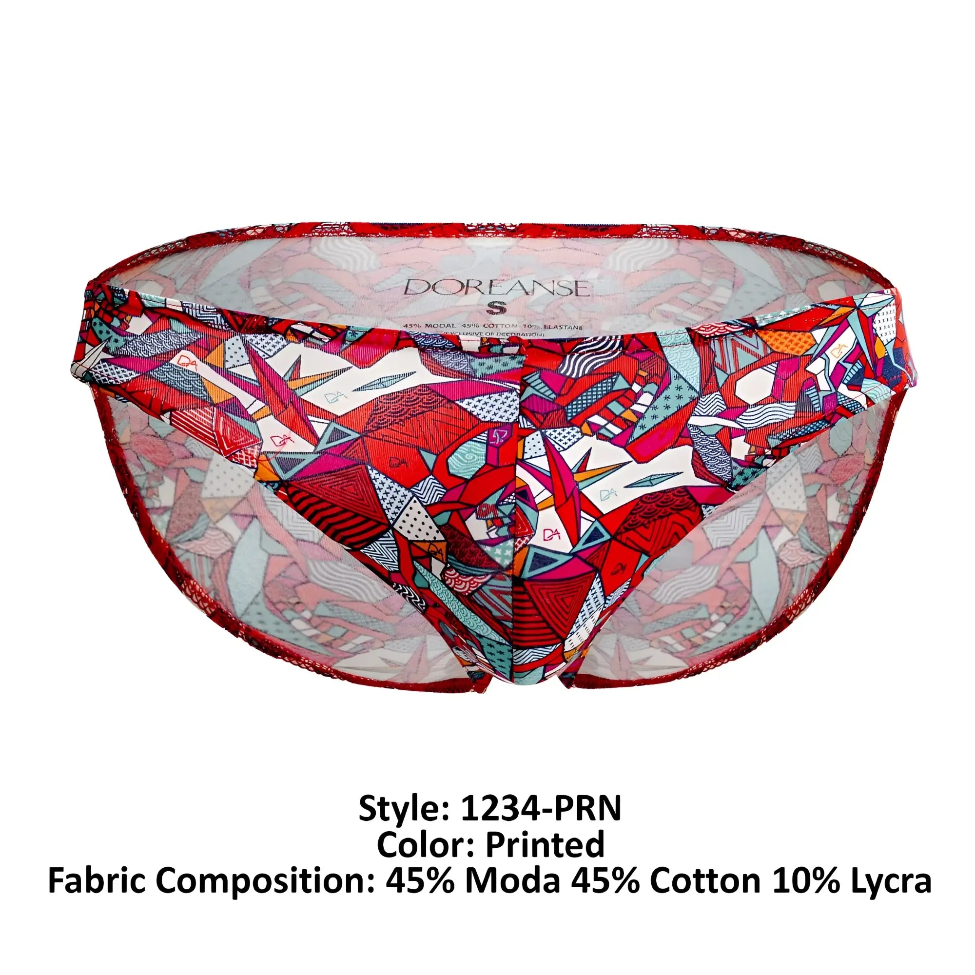 Doreanse 1243-prn pop art bikini bottom with vibrant red pink teal and white geometric print on sheer mesh base