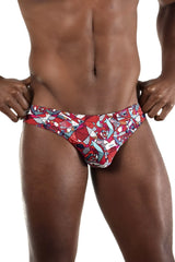 Doreanse 1243-PRN pop art bikini color printed men’s swim trunks with vibrant red blue and white geometric patterns