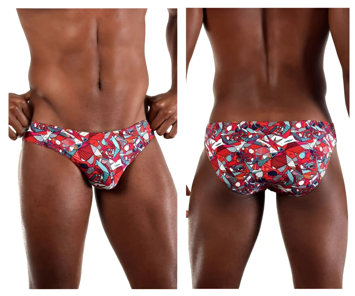 Doreanse 1243-PRN men’s swim trunks with vibrant red blue and white pop art graphic print perfect for beachwear