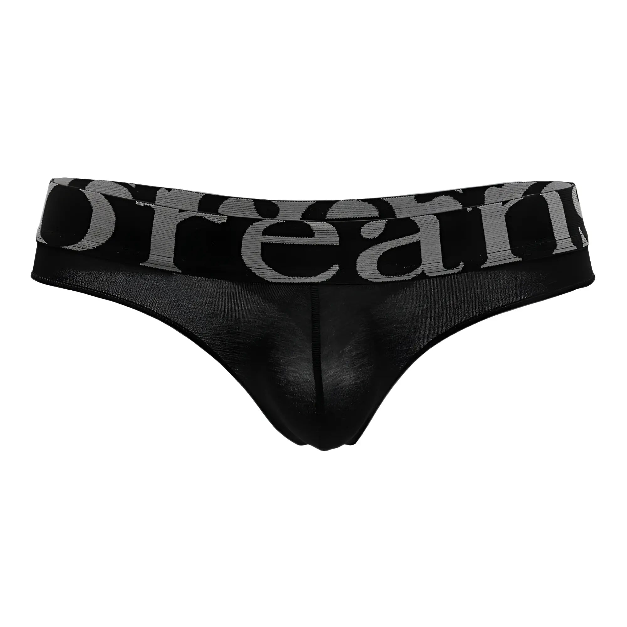 Black sheer thong by Doreanse with wide waistband featuring gray dream lettering in black color