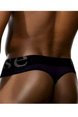 Black doreanse 1250 wide-band thong featuring a gray se logo and a wide waistband, shown from the back