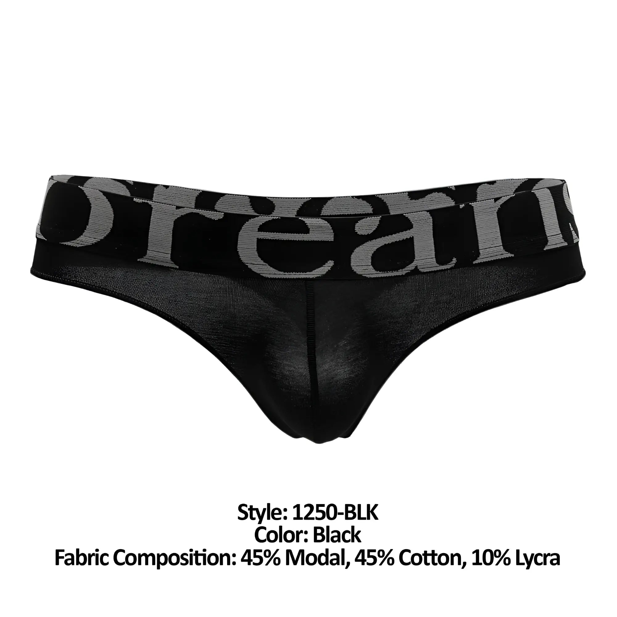 Black thong by doreanse with wide waistband and gray dream lettering in soft comfortable fabric