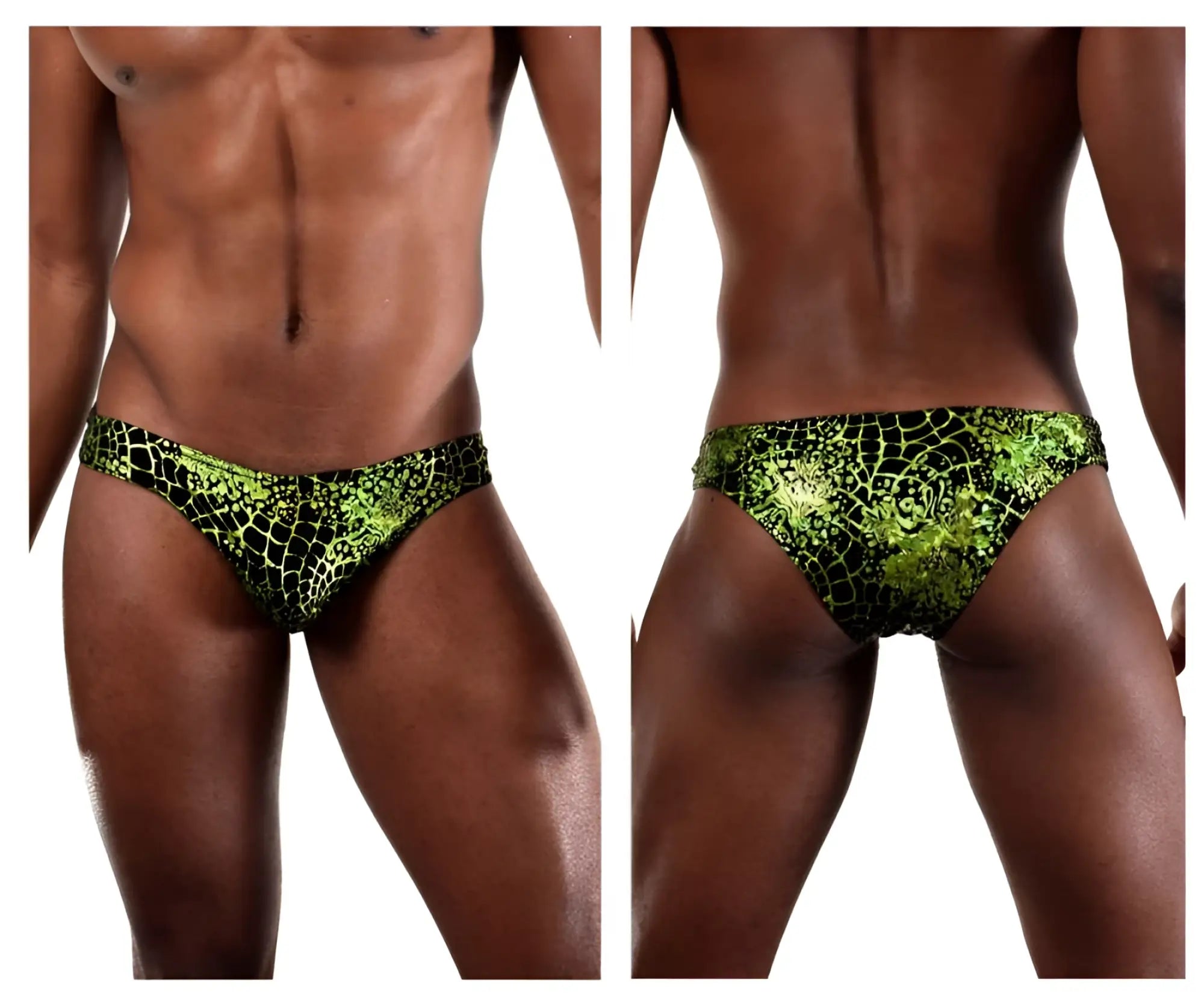 Doreanse 1257-prn Space Venom briefs vibrant lime green and black crocodile-scale patterned swim trunks