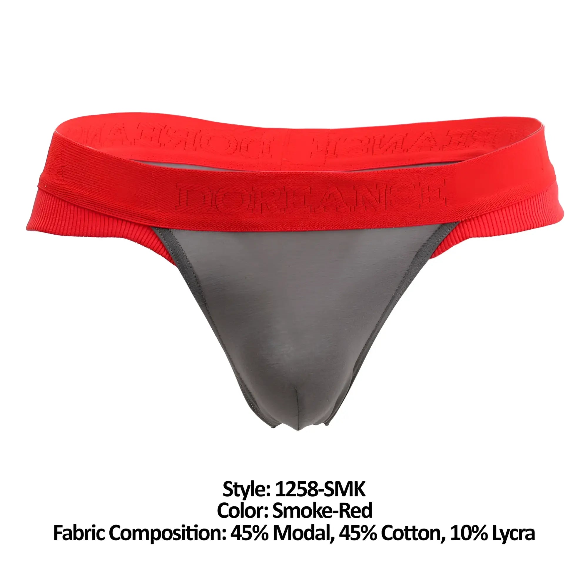 Doreanse 1258-SMK warrior thong in smoke gray and red with ribbed elastic waistband and embossed branding