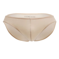 Beige sheer mesh hang-loose bikini briefs in tan with subtle doréanse logo embroidered on the waistband