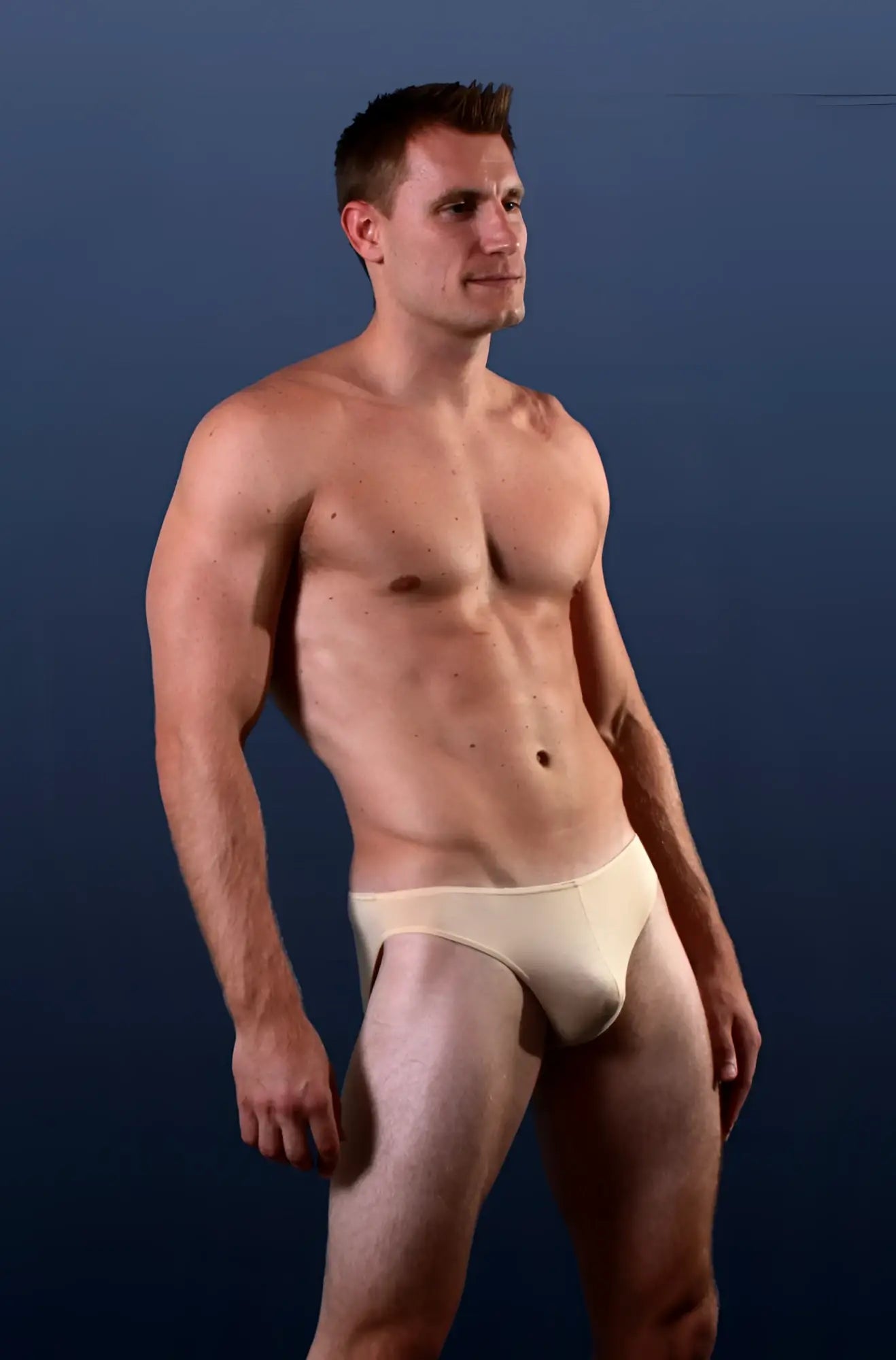 Beige tan hang-loose bikini briefs by Doreanse 1281-TAN worn by a man showing front fit and material details