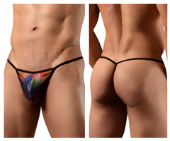 Doreanse 1300-PHX Disco thongs rainbow-patterned mesh thong with black trim front view