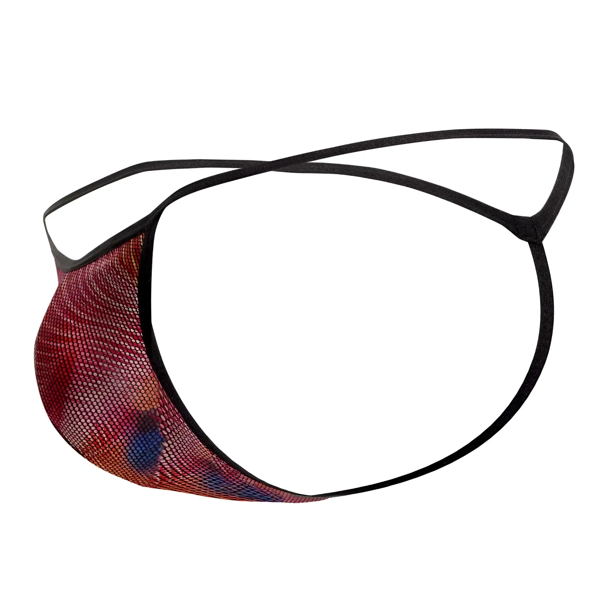 Doreanse 1300-phx disco thong in red and blue mesh with black elastic straps for men visible from the front