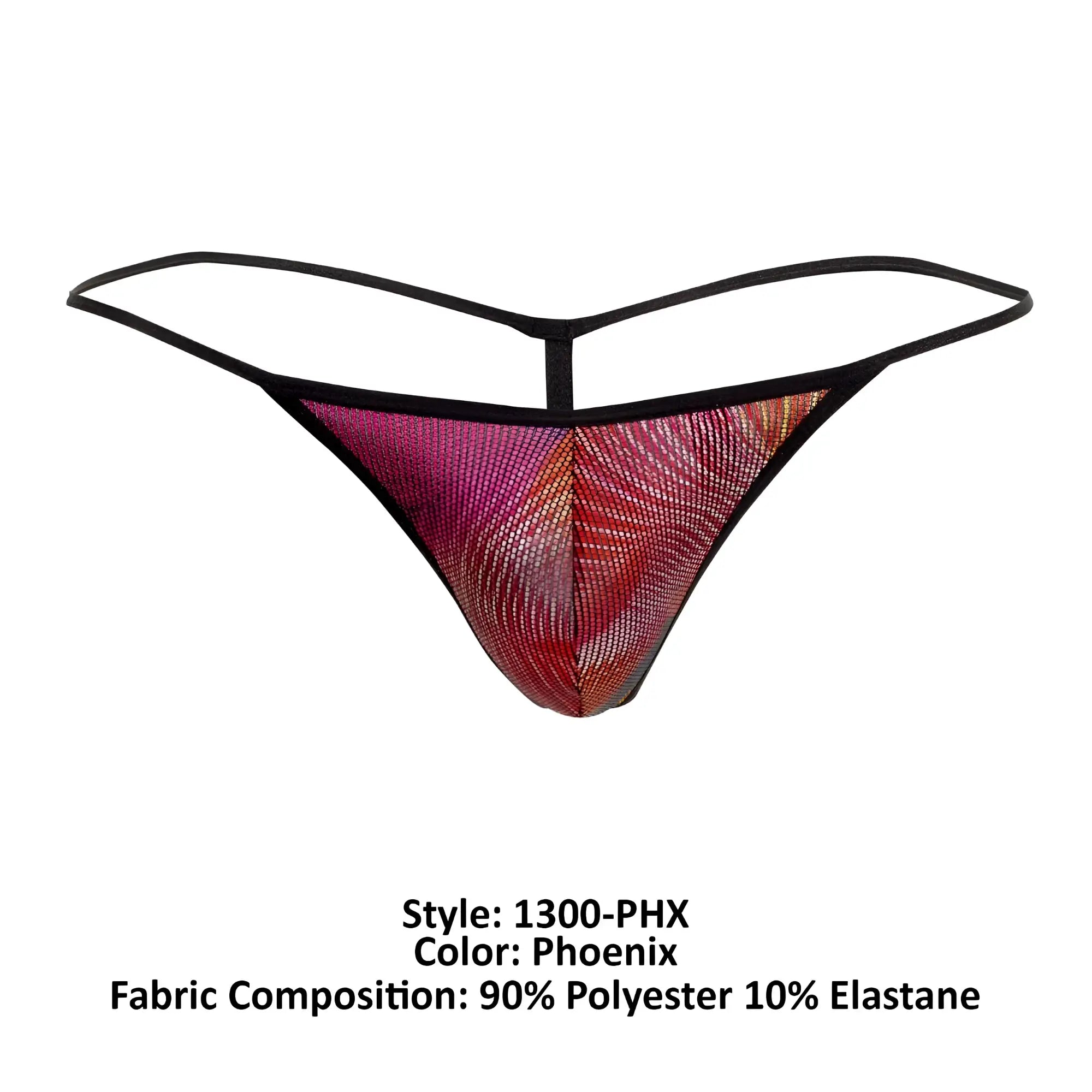 Doreanse 1300-phx disco thong in shimmering pink and red polyester with elastic featuring a phoenix design