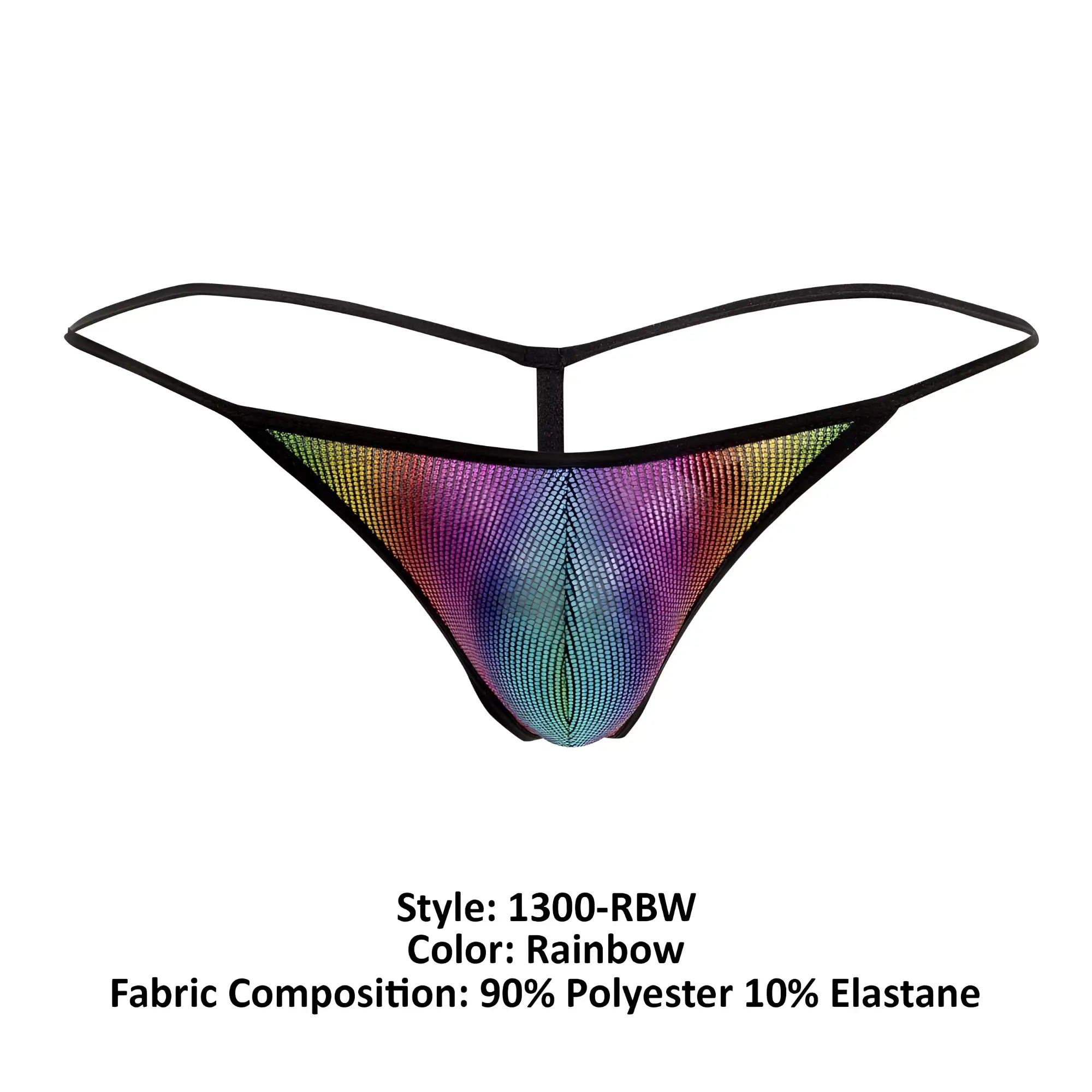 Doreanse 1300-rbw disco thong in rainbow-colored shimmering mesh with black elastic straps and central vertical seam