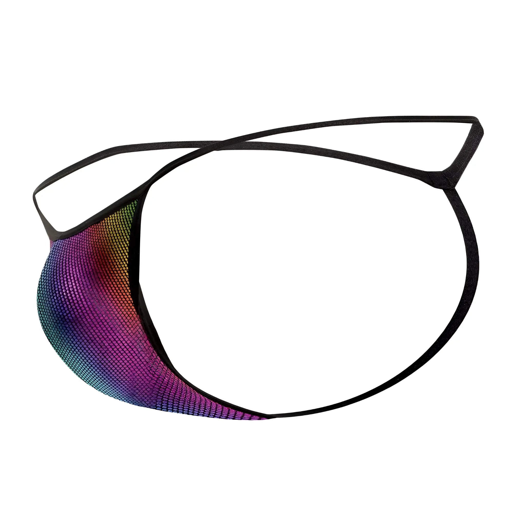 Doreanse 1300-RBW disco thongs men’s rainbow gradient mesh thong with black elastic straps front view