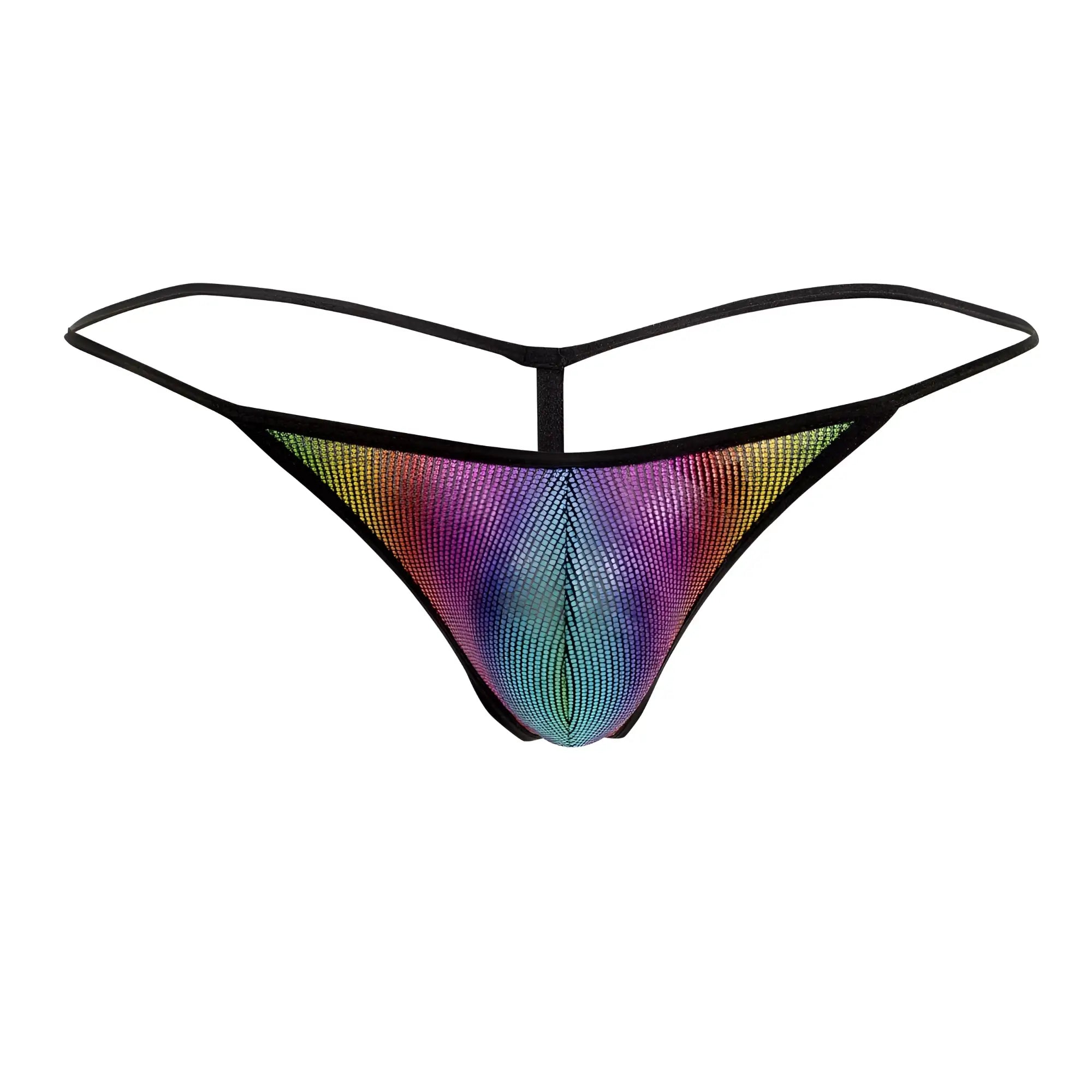 Doreanse 1300-RBW disco thong with rainbow sequins and black elastic straps showing the front side