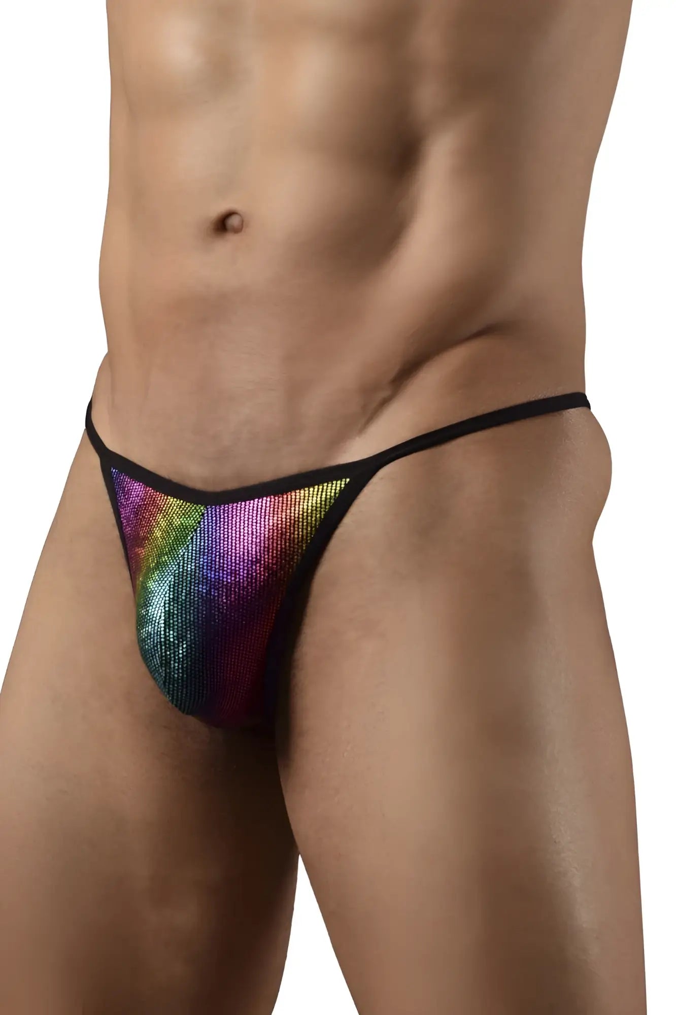 Doreanse 1300-rbw disco thongs rainbow rainbow sequined thong with black elastic trim shown from the back side