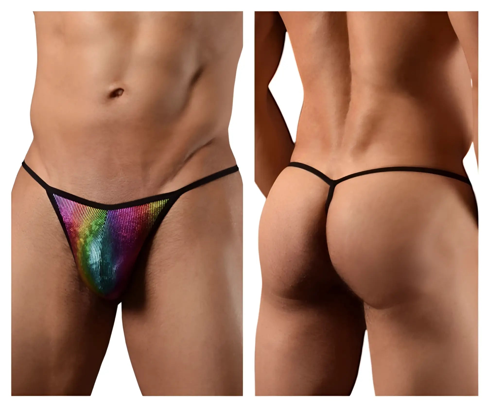 Doreanse 1300-rbw disco thong rainbow sequined thong with black trim visible from the back