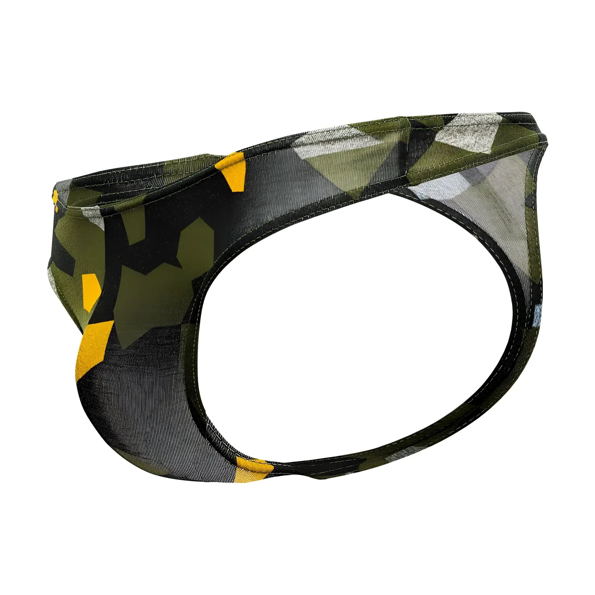 A men’s camouflage-patterned thong by Doreanse with geometric design in olive green black and yellow accents