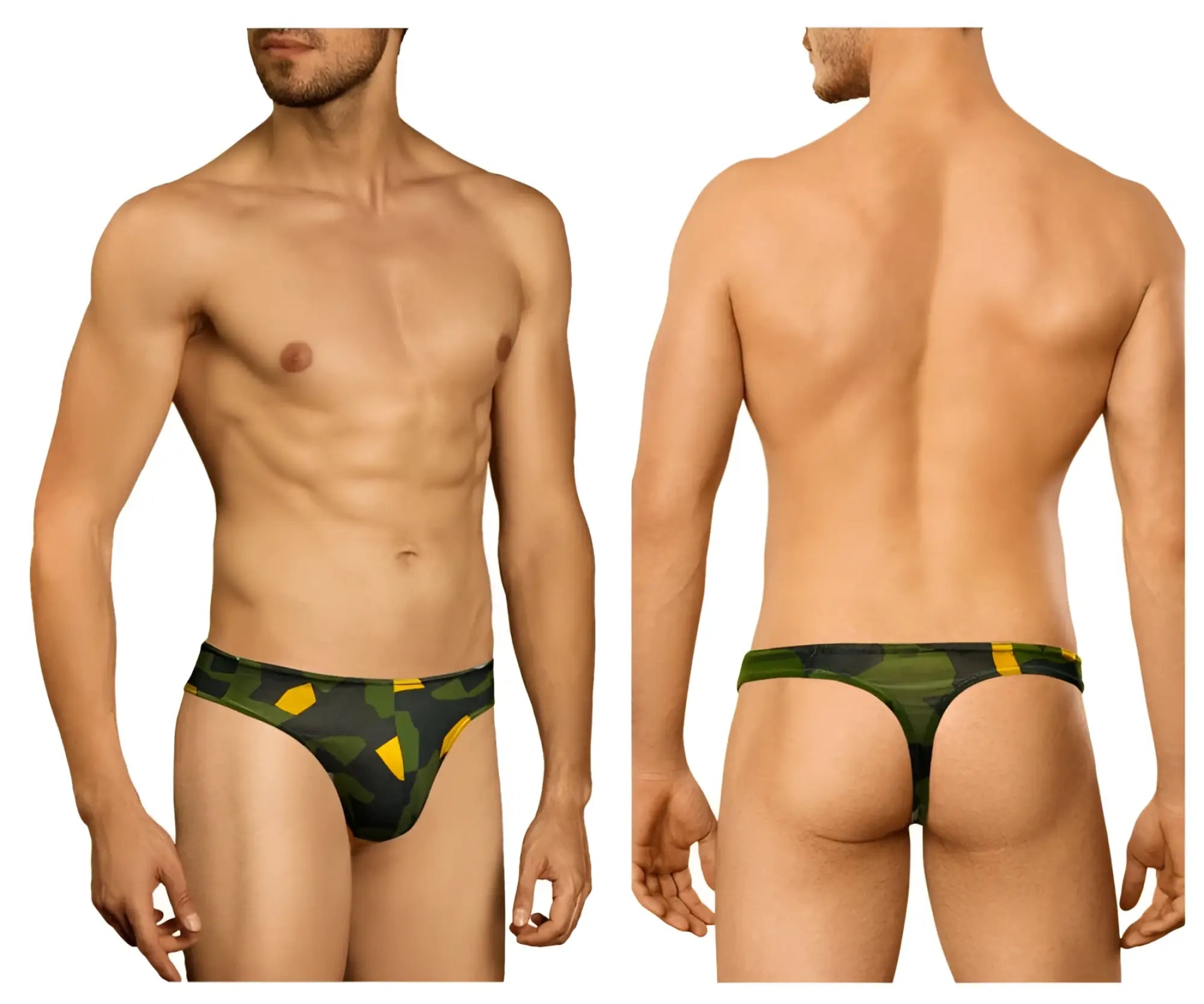 Doreanse 1303-PRN Camosaic thong briefs with green and yellow camouflage pattern for men in soft fabric