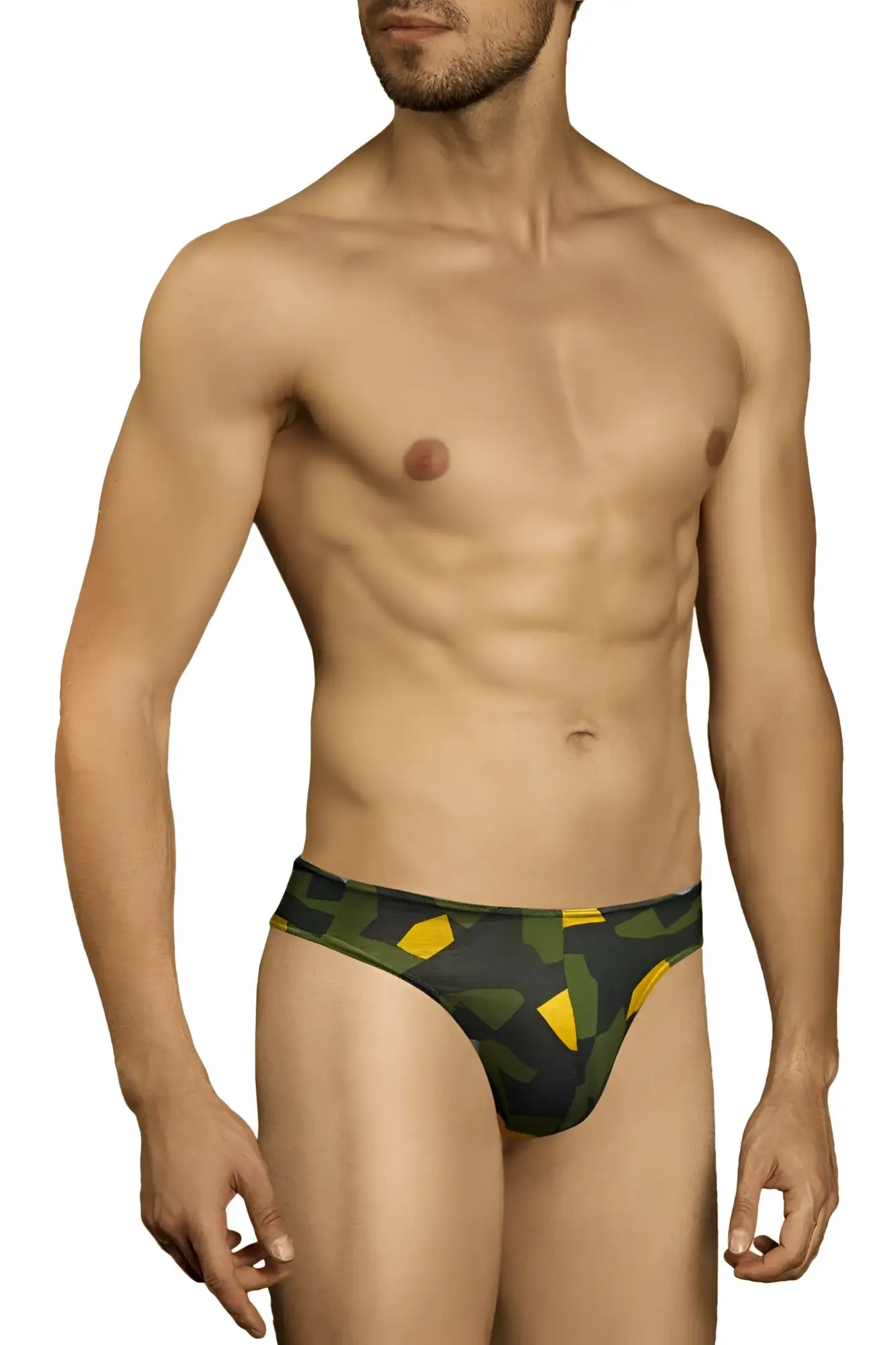Men’s doreanse 1303-prn camosaic thong swim trunks in green yellow camouflage pattern for beachwear