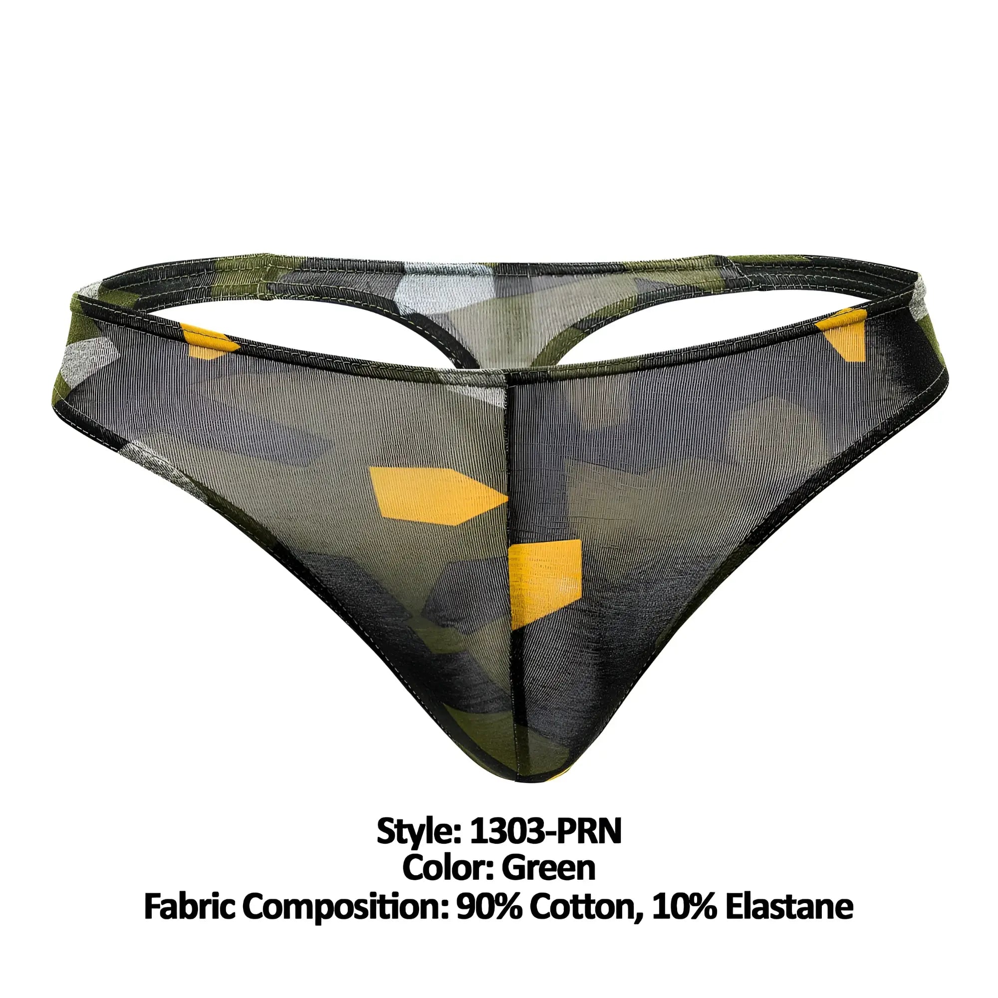 Green mesh thong with camouflage pattern and yellow geometric accents from Doreanse 1303-PRN Camosaic collection