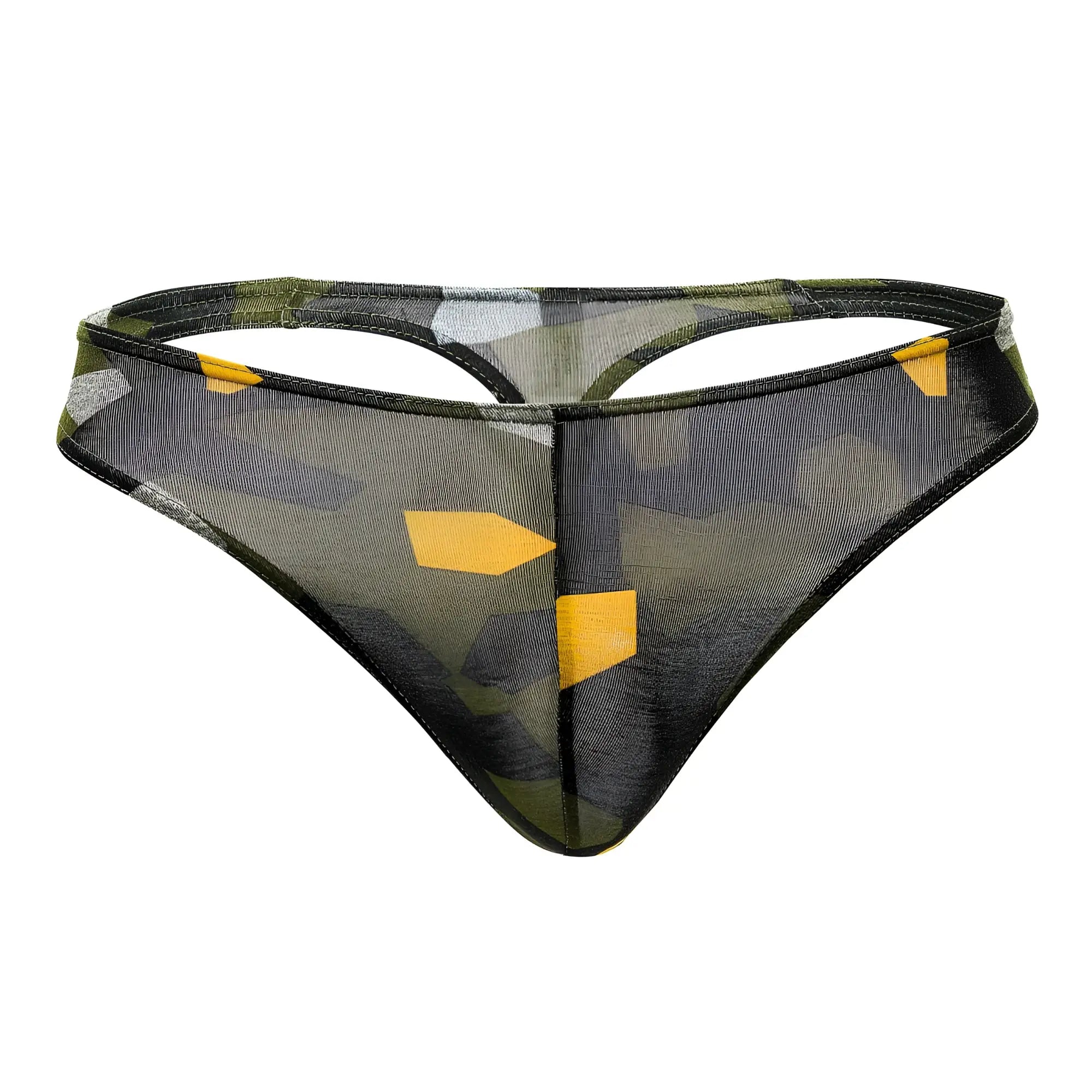 Transparent mesh thong with camouflage pattern, bold yellow geometric shapes, and black trim by Doreanse in green color