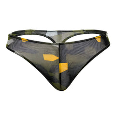 Transparent mesh thong with camouflage pattern, bold yellow geometric shapes, and black trim by Doreanse in green color
