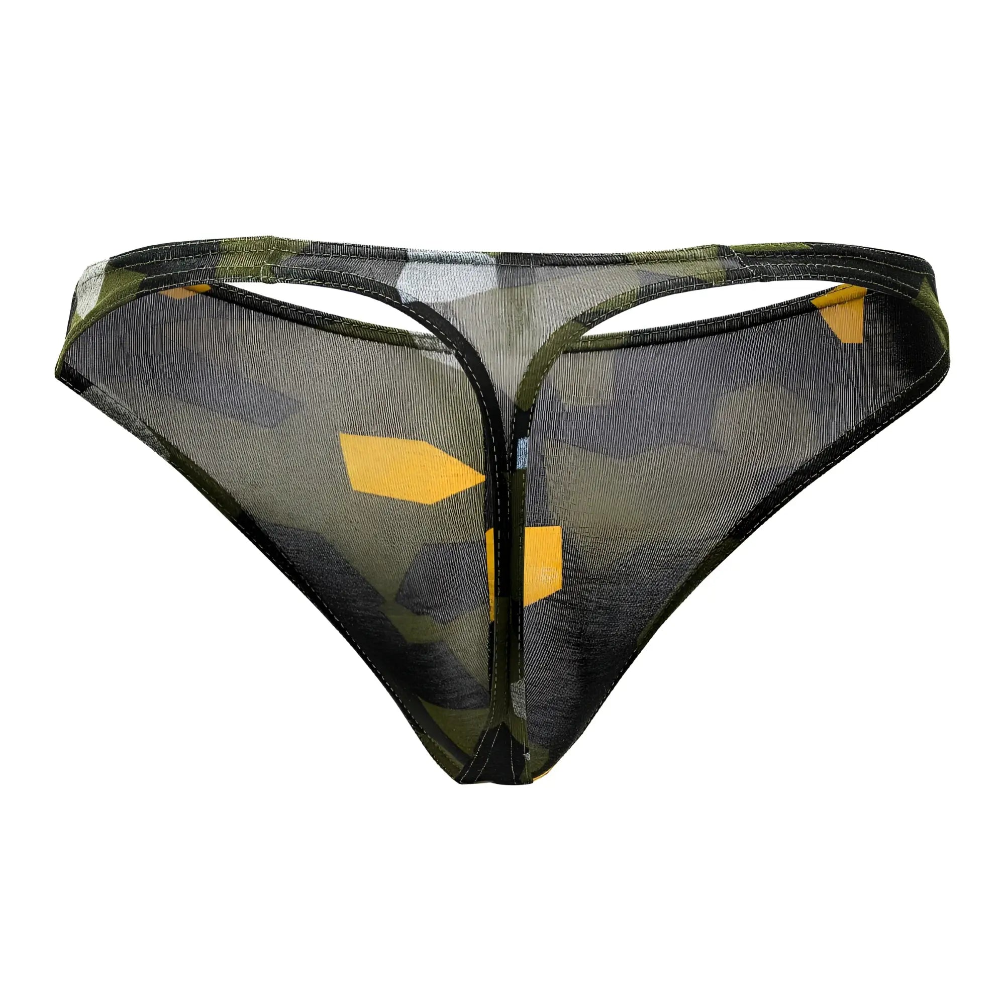Doreanse 1303-prn camosaic thong in green with transparent mesh and olive green black yellow camouflage pattern