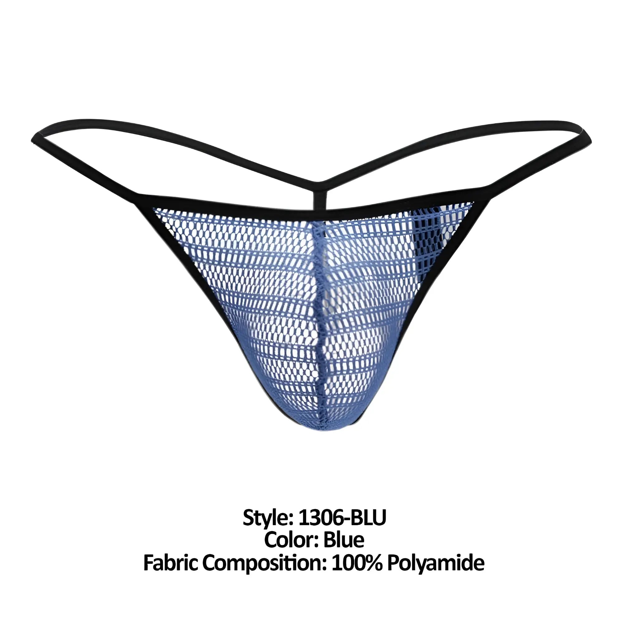 Blue doreanse 1306-BLU mesh G-string thong with black elastic trim showing front side design