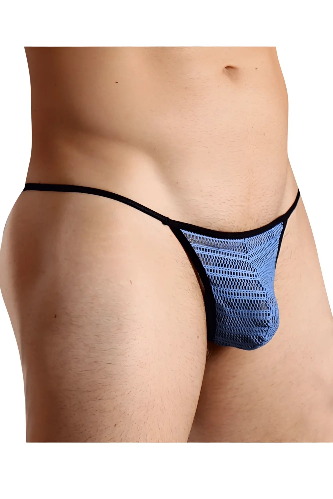 Doreanse 1306-BLU mesh g-string thong in blue with black trim showing the front side of the underwear