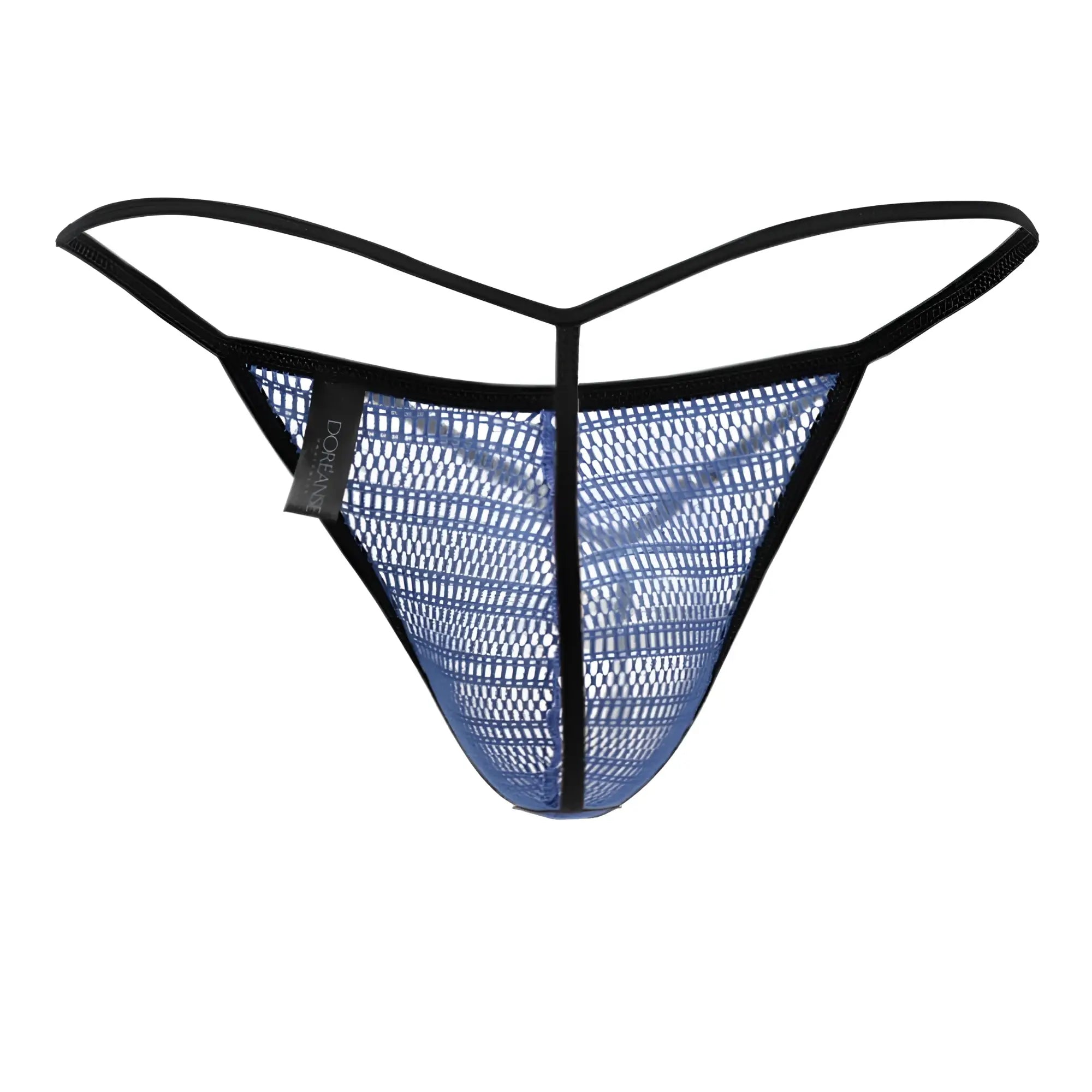 Blue mesh g-string thong with black trim and brand tag by Doreanse 1306-BLU shown from the front side