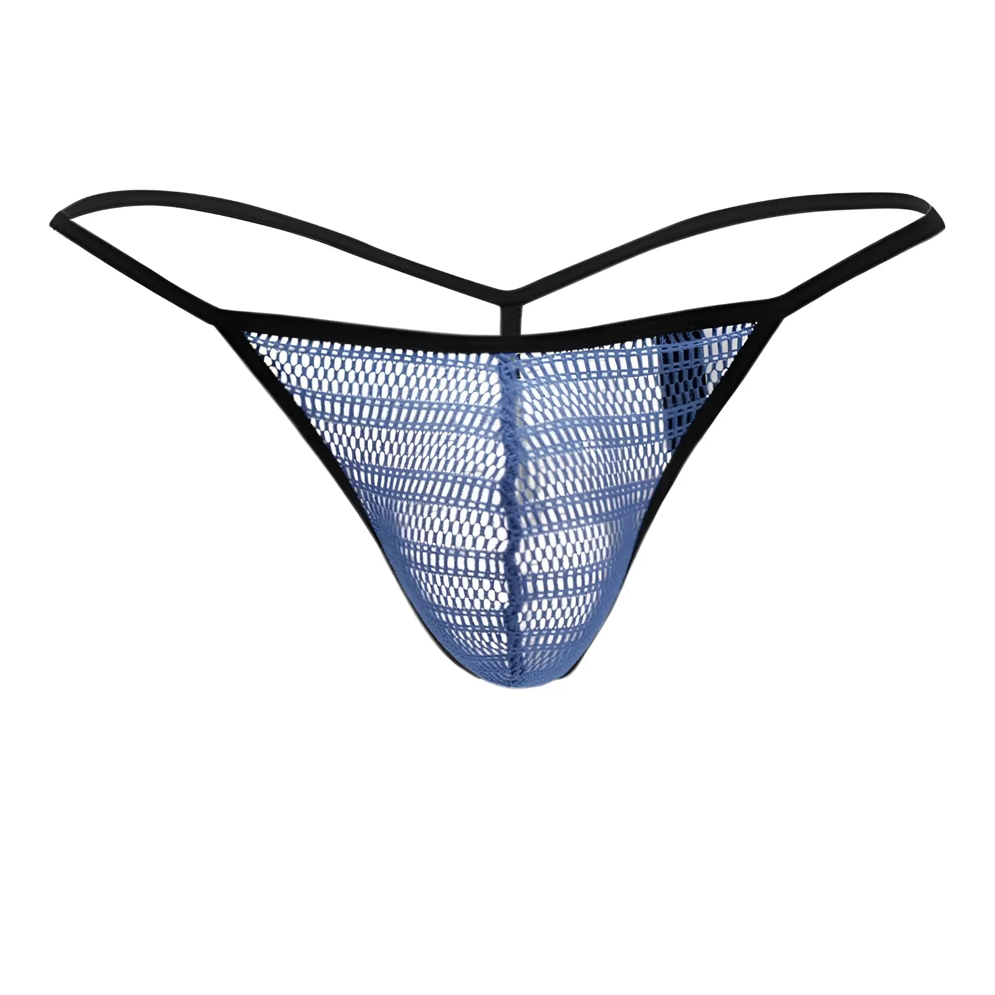 Blue mesh g-string thong by doreanse with black trim showing front side in vibrant blue mesh material