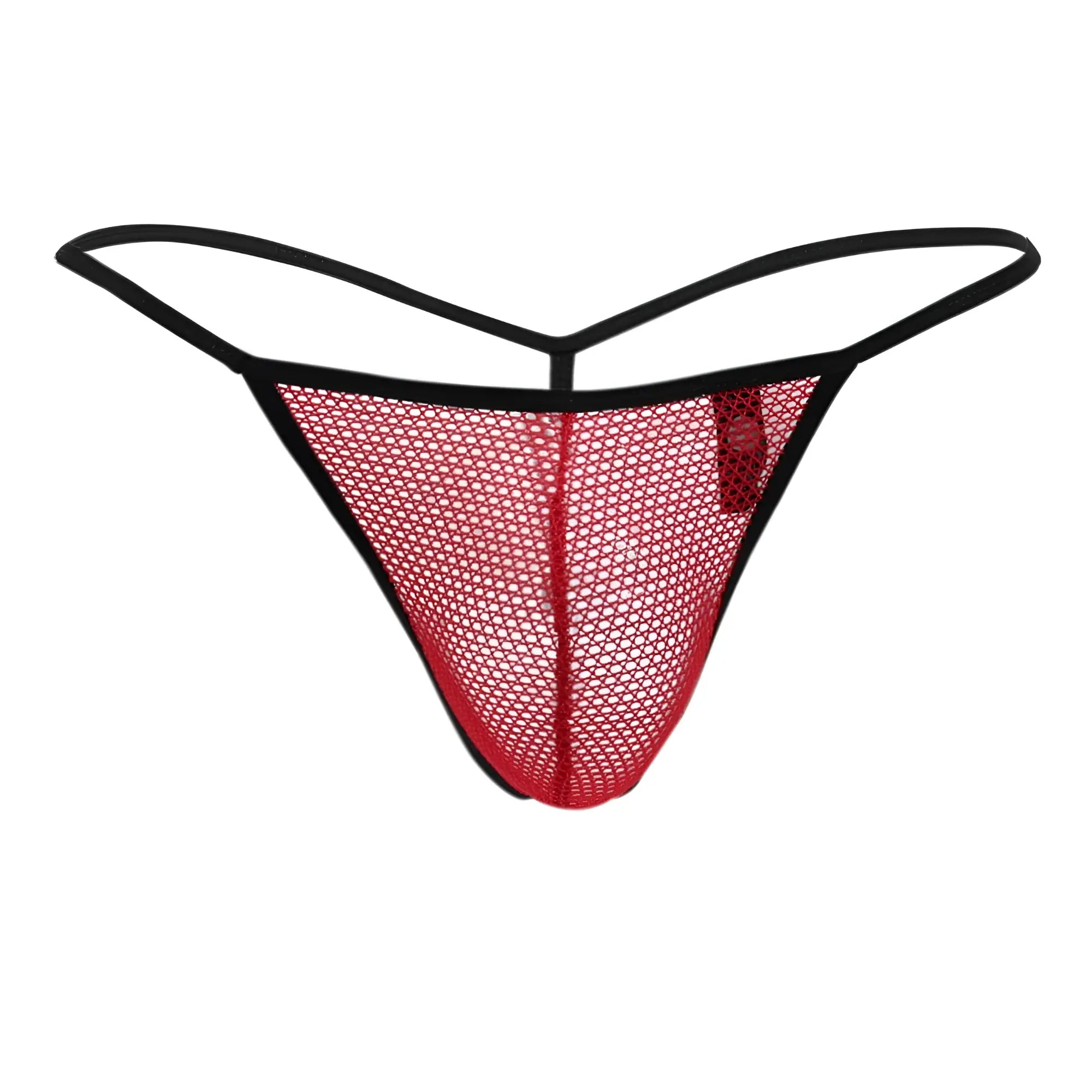 Doreanse 1306-red mesh g-string thong in red with black elastic trim showing front side detail
