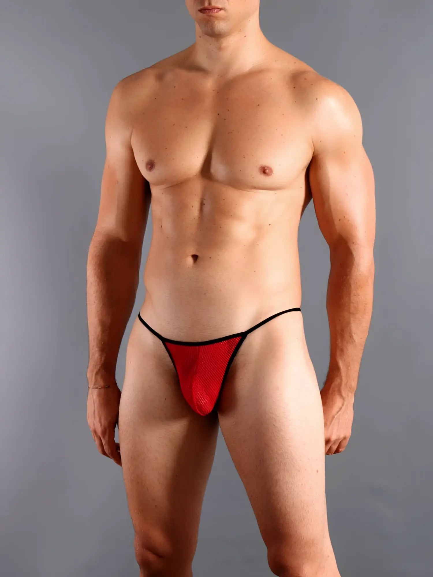 Doreanse 1306-red mesh g-string thong in red with black trim showing the back side of the product