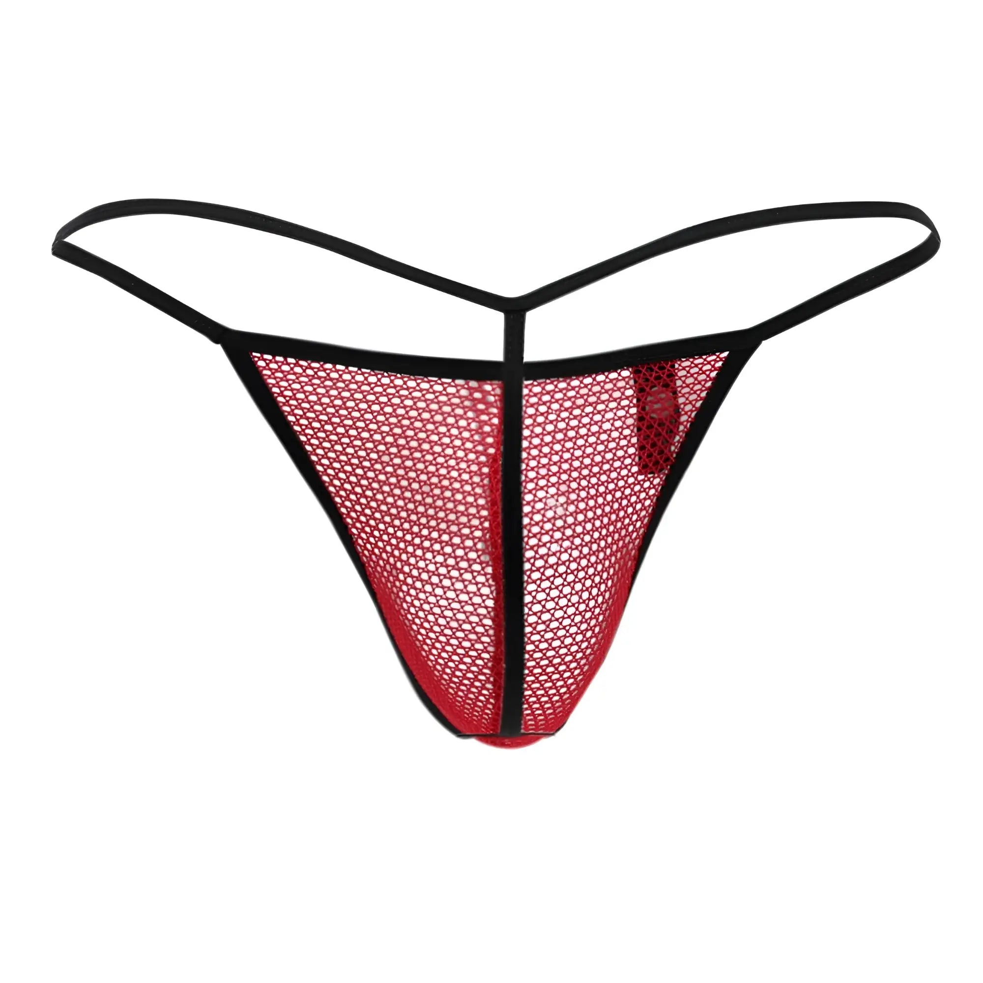 Doreanse 1306 red mesh g-string thong in red with black trim showing the front side of the lingerie