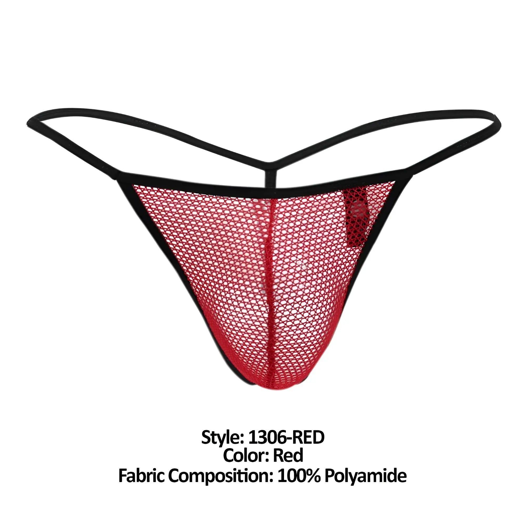 Doreanse 1306-red mesh g-string thong in red with black trim featuring a sheer mesh material and minimal coverage