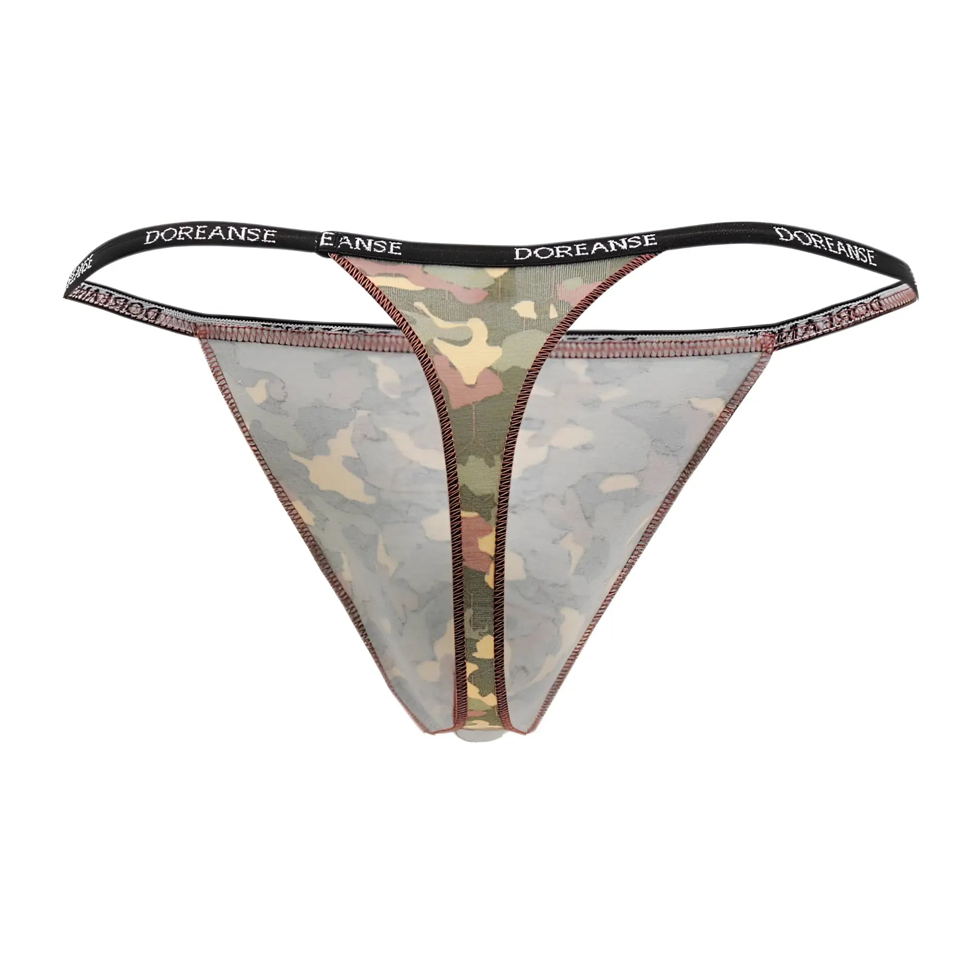 Doreanse 1312-PRN camouflage thong featuring green beige and brown sheer fabric with printed color pattern