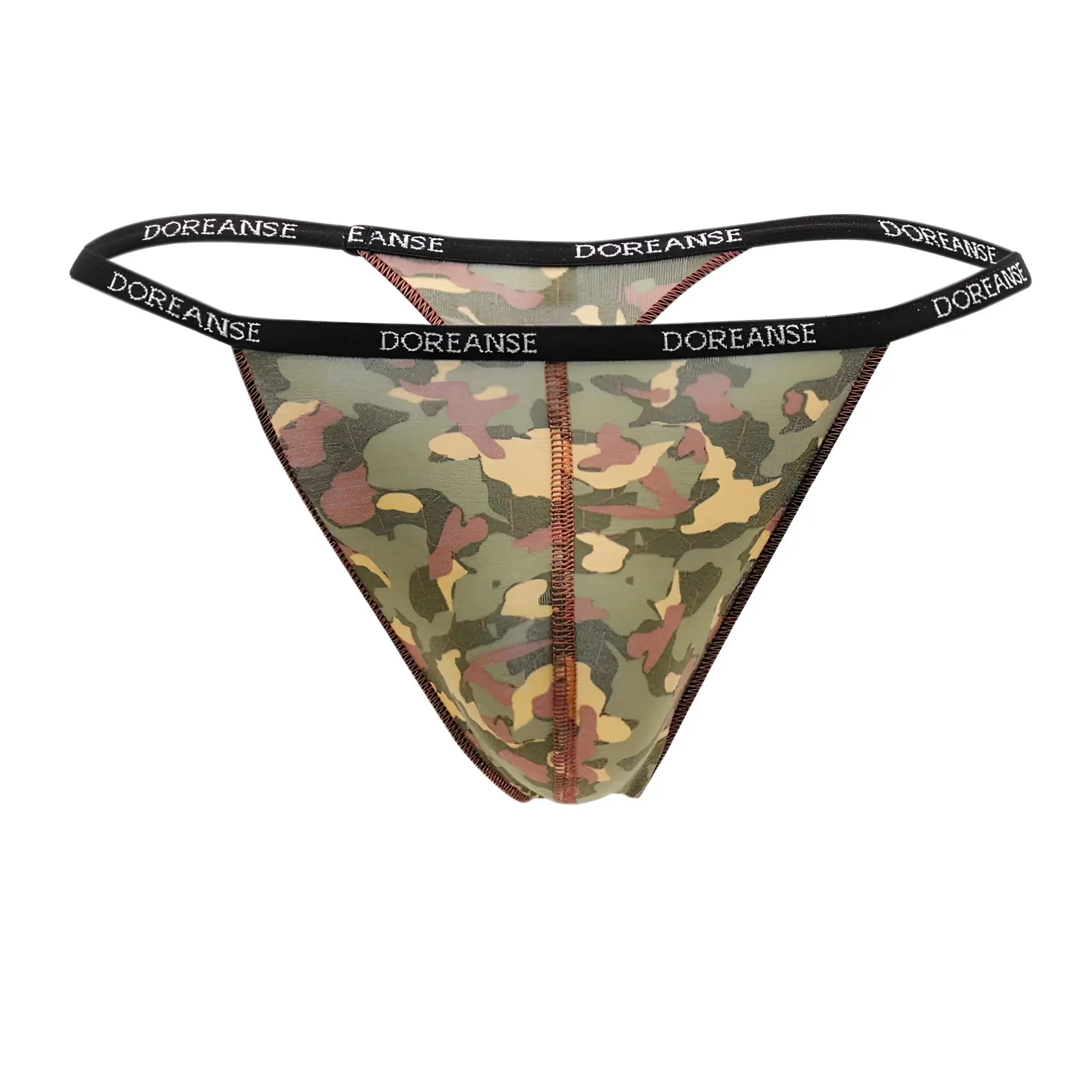 Doreanse 1312-PRN camouflage thong with green brown and beige printed pattern shown from the back side