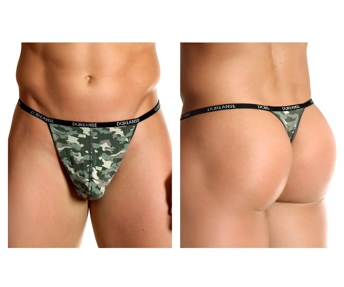 Doreanse 1312-prn camouflage thong with green and black pattern and black elastic waistband shown from the back side