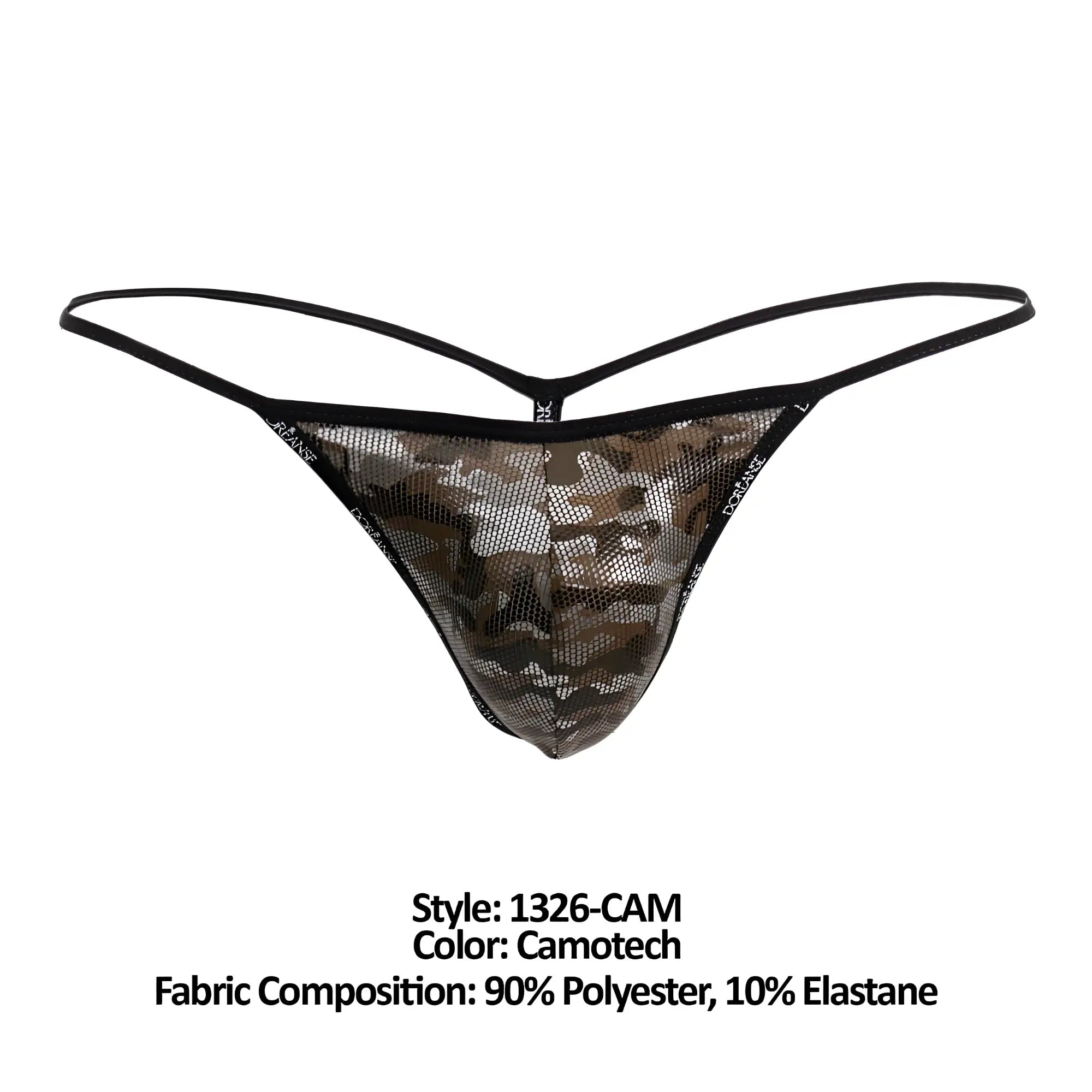 Black and camouflage patterned mesh thong with thin elastic straps shown from the back in Doreanse 1326-CAM color camotech
