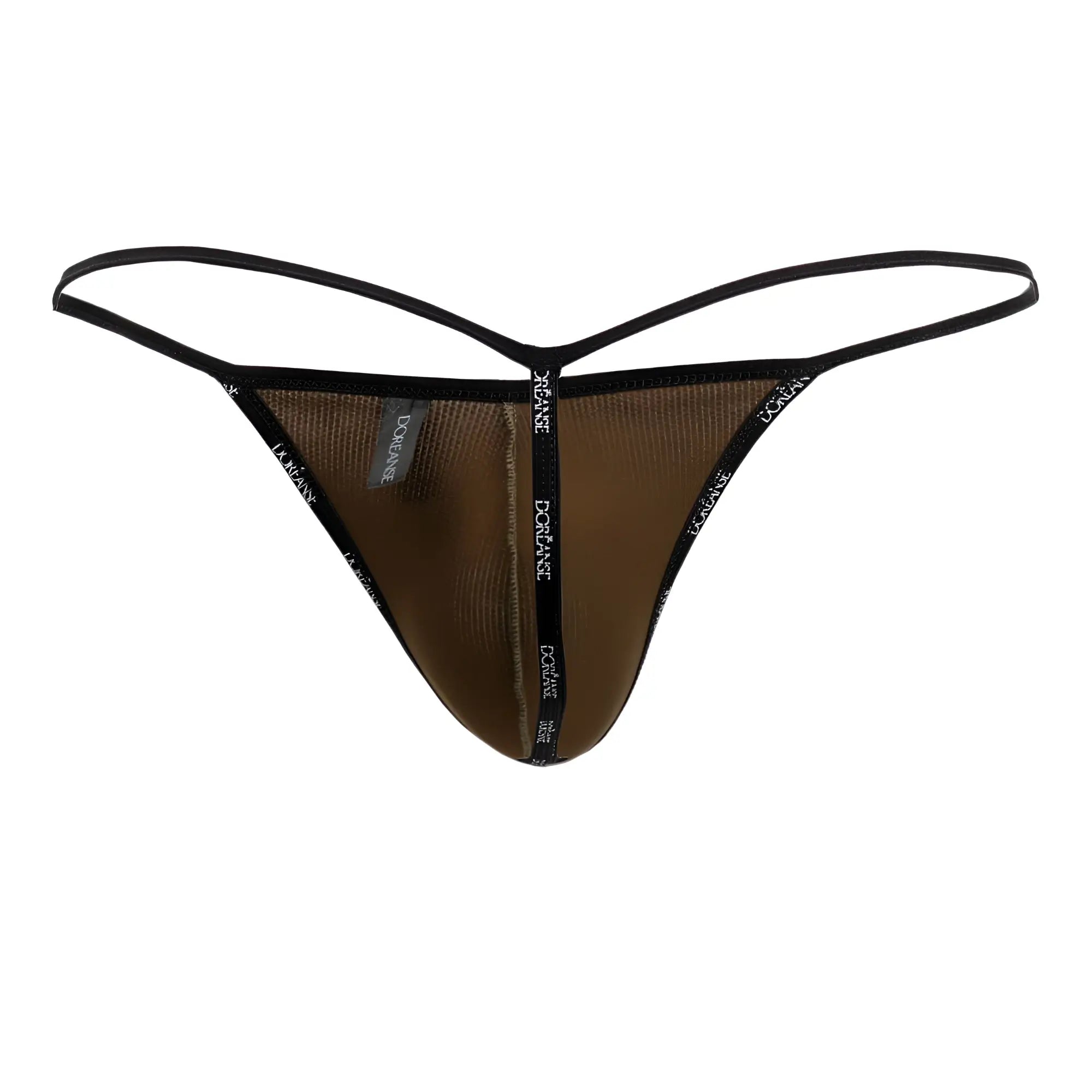 Brown mesh thong with black elastic trim and doriane branding in doreanse 1326-cam flashy g-string camotech color
